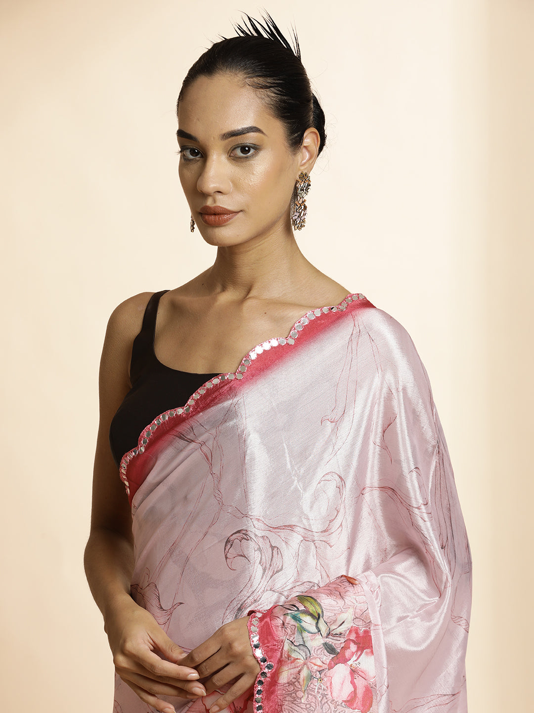 Pink Mirror Work Satin Floral Saree