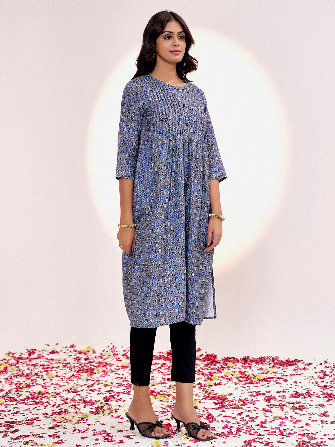 Dark Grey Ethnic Motif Printed Straight Kurta