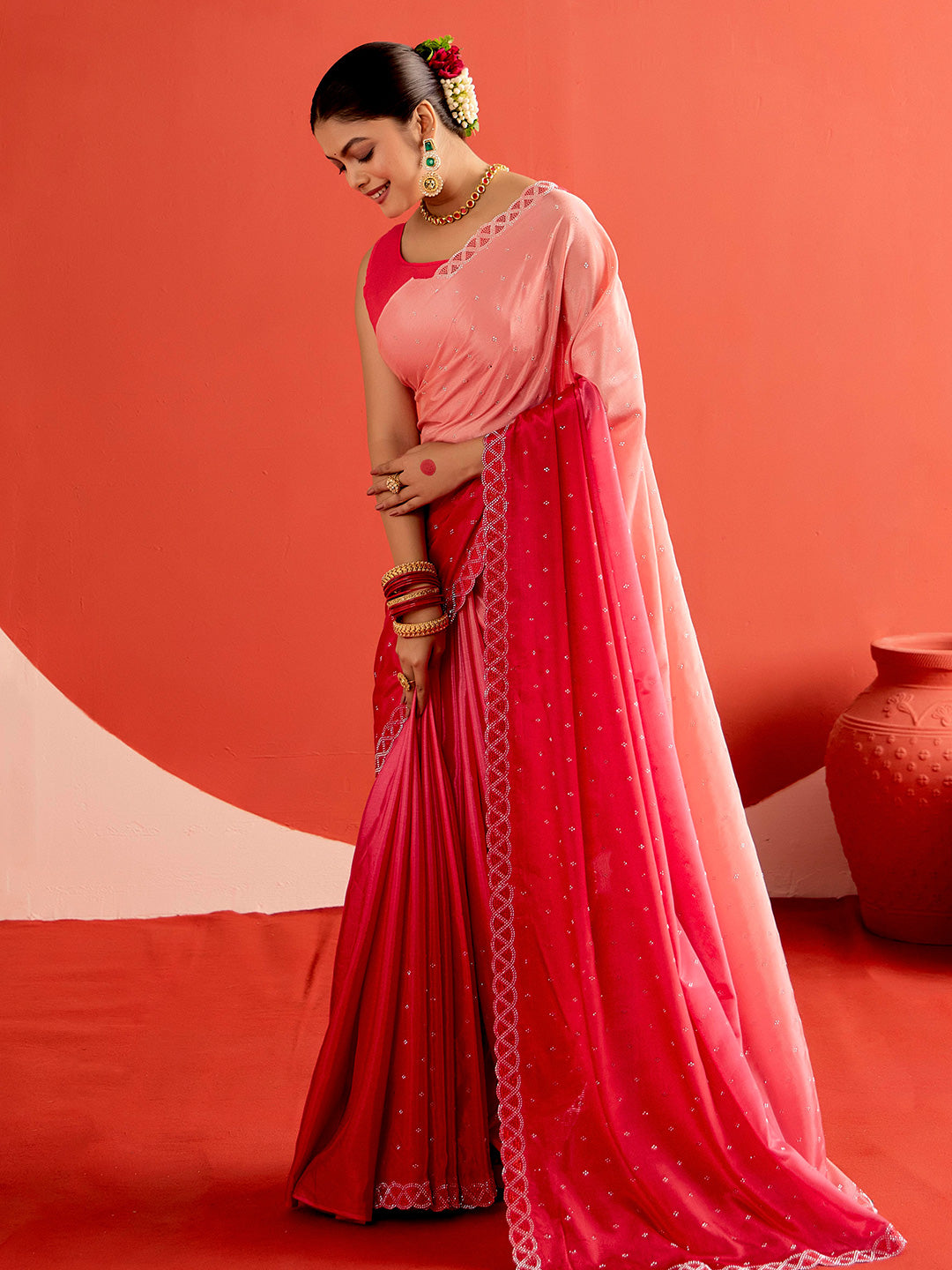 Satin Siroski Work Party Wear Pink Saree