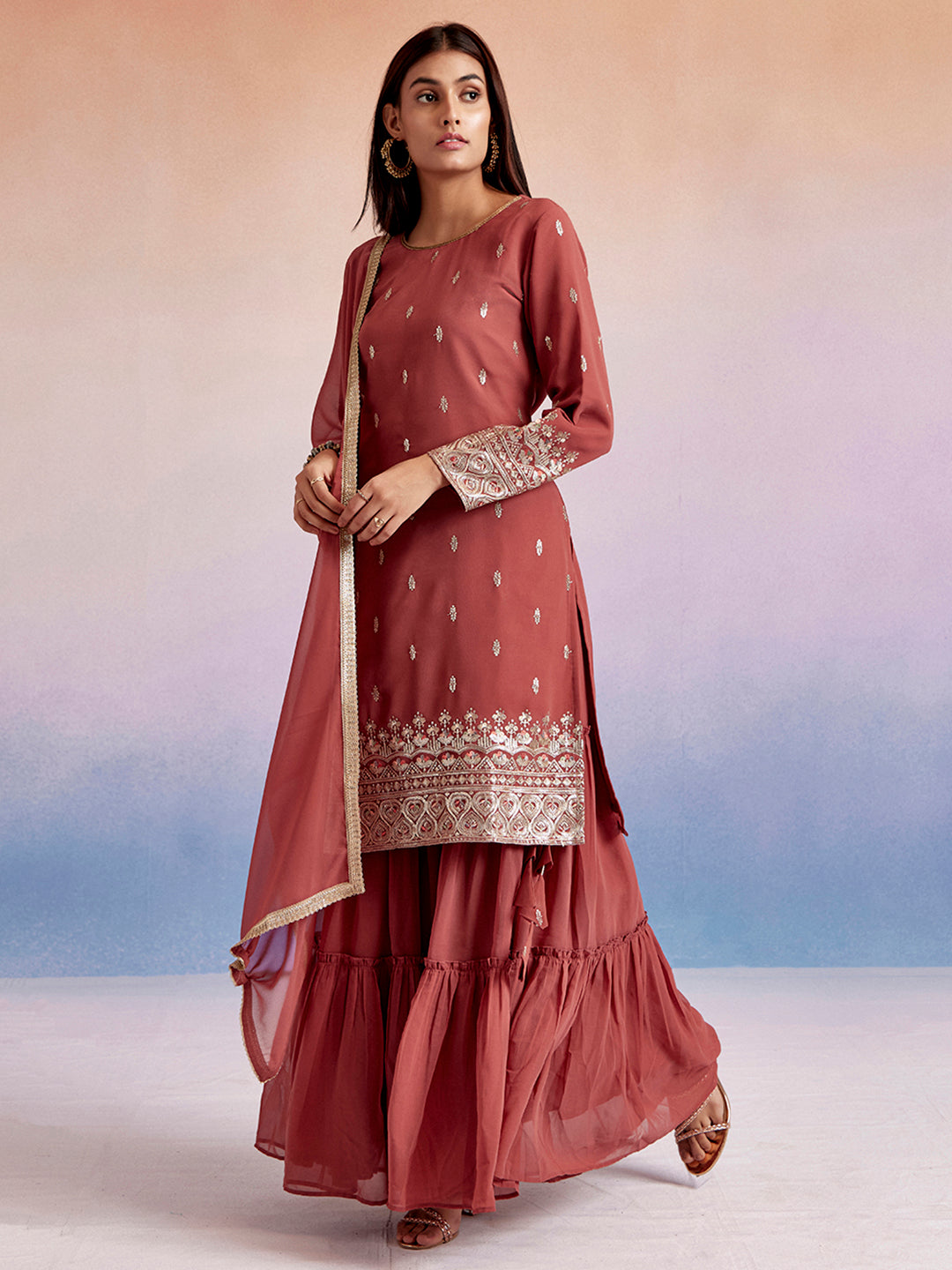 Embroidered Dusty Peach Straight Kurta With Sharara And Dupatta