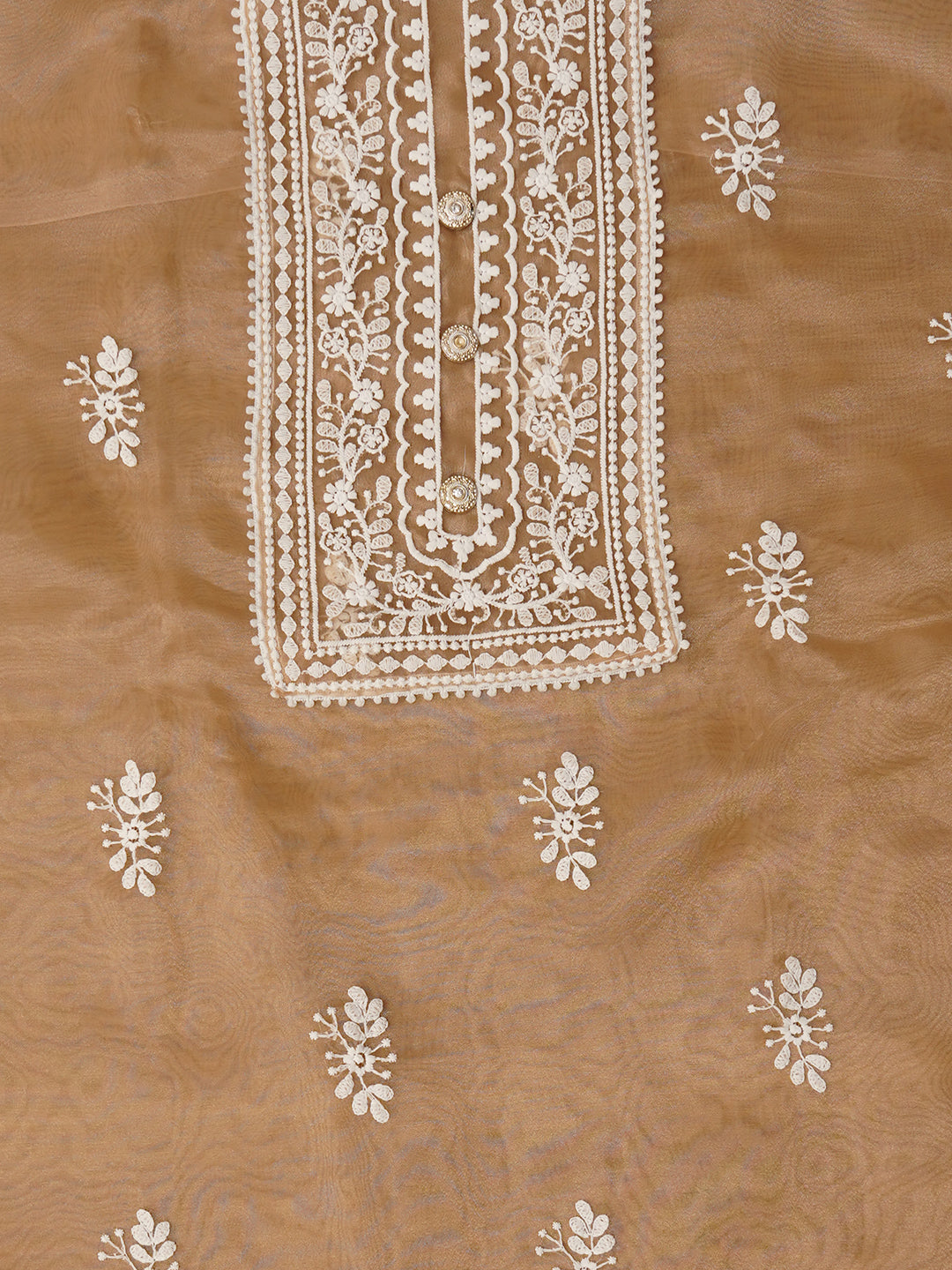 Beige Unstitched Embroidered Organza Dress Material With Dupatta