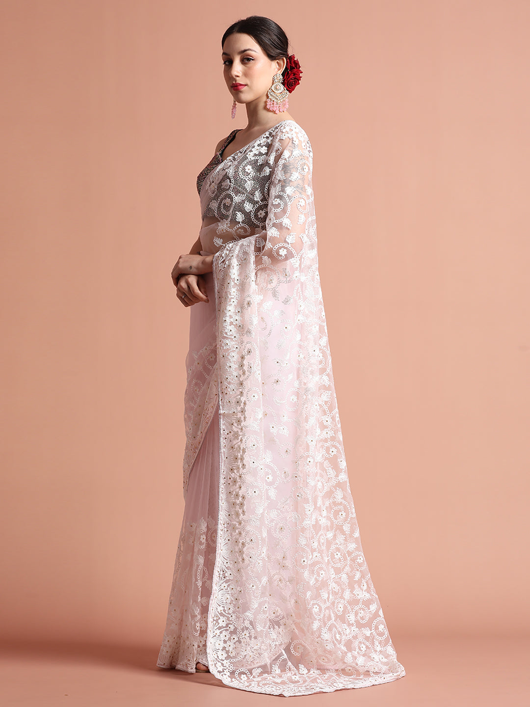 Party Wear Floral Baby Pink Embroidered Net Saree