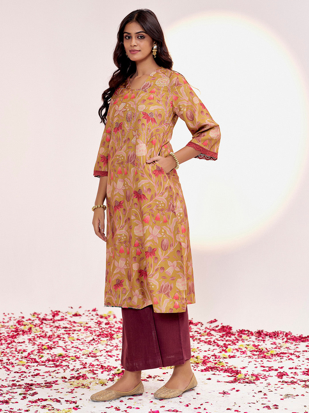 Mustard Botanical Printed A-line Kurta