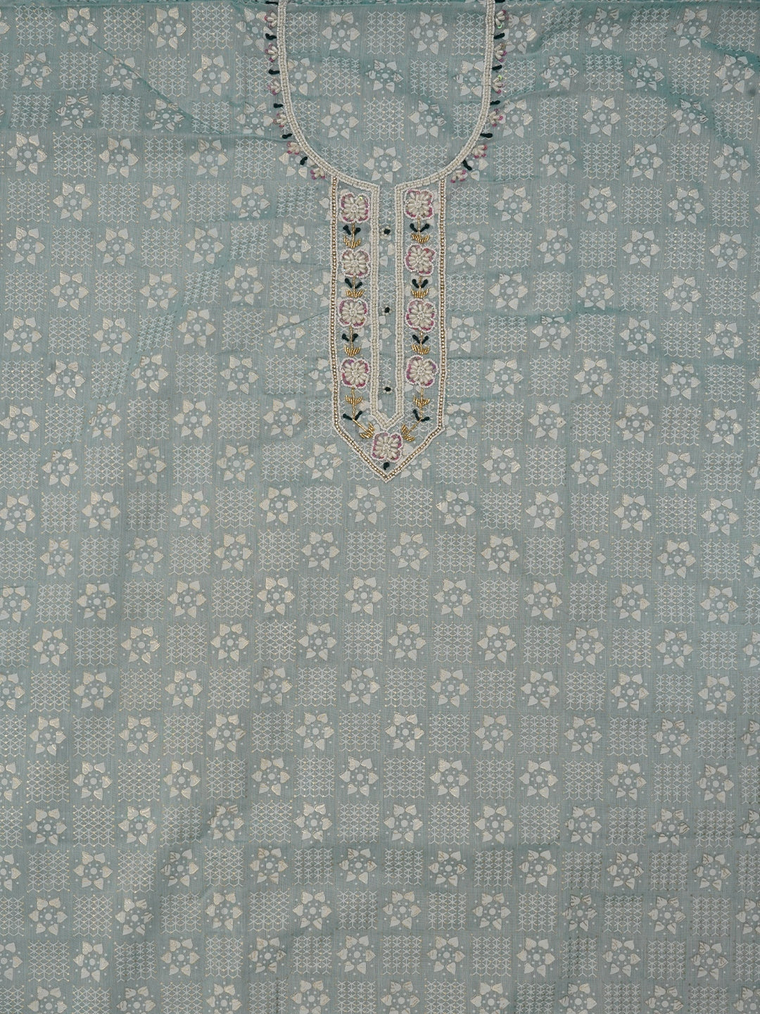 Sea Green Printed Embellished Cotton Dress Material with Dupatta