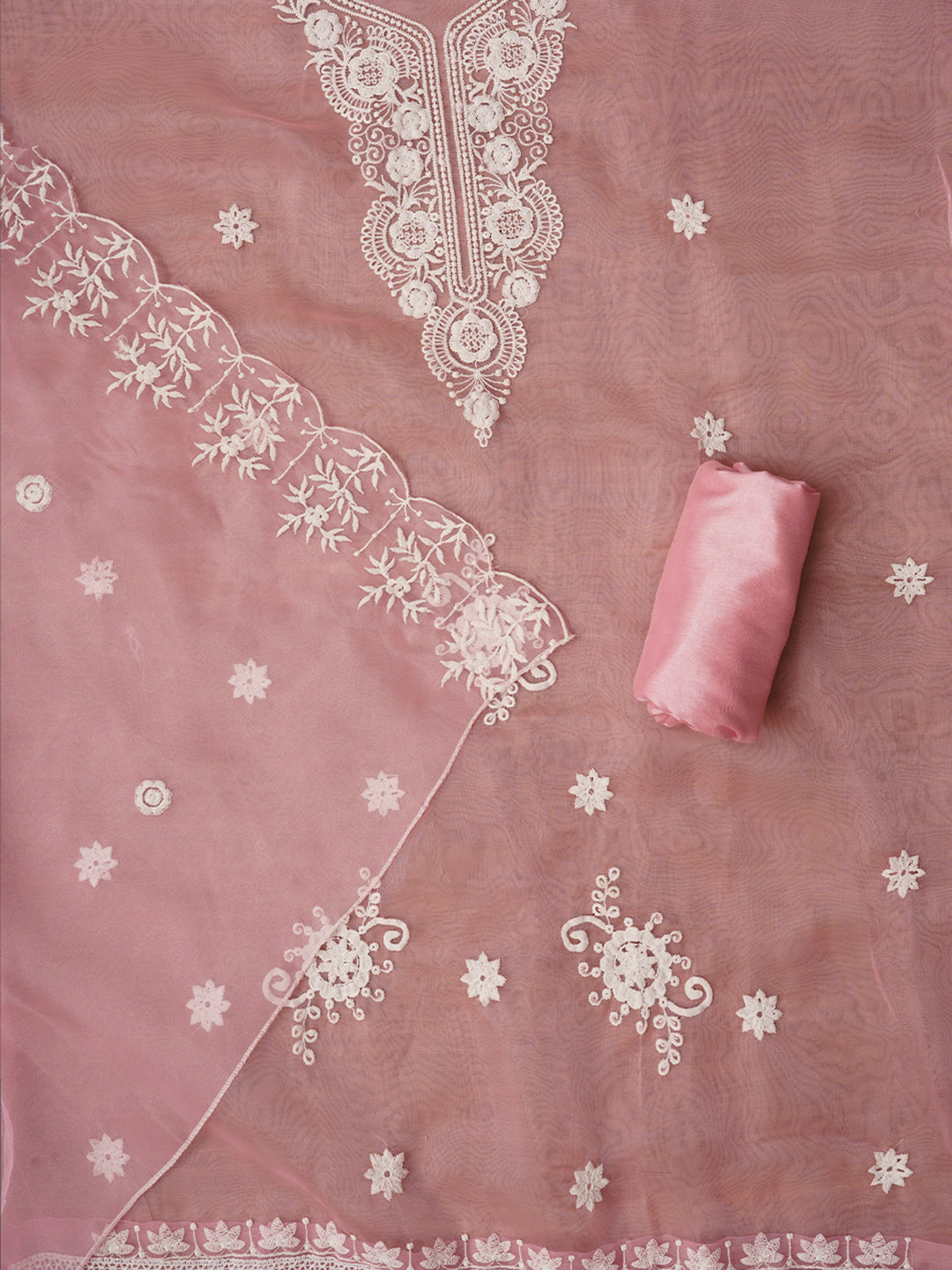 Baby Pink Thread Embroidered Organza Dress Material with Dupatta