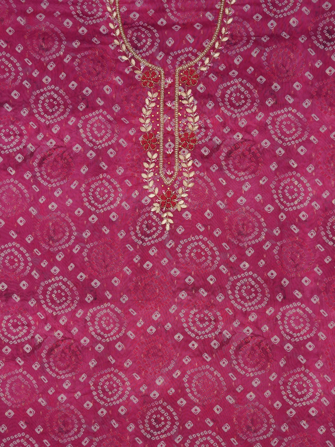 Pink Bandhani Embroidered Dress Material with Leheriya Dupatta