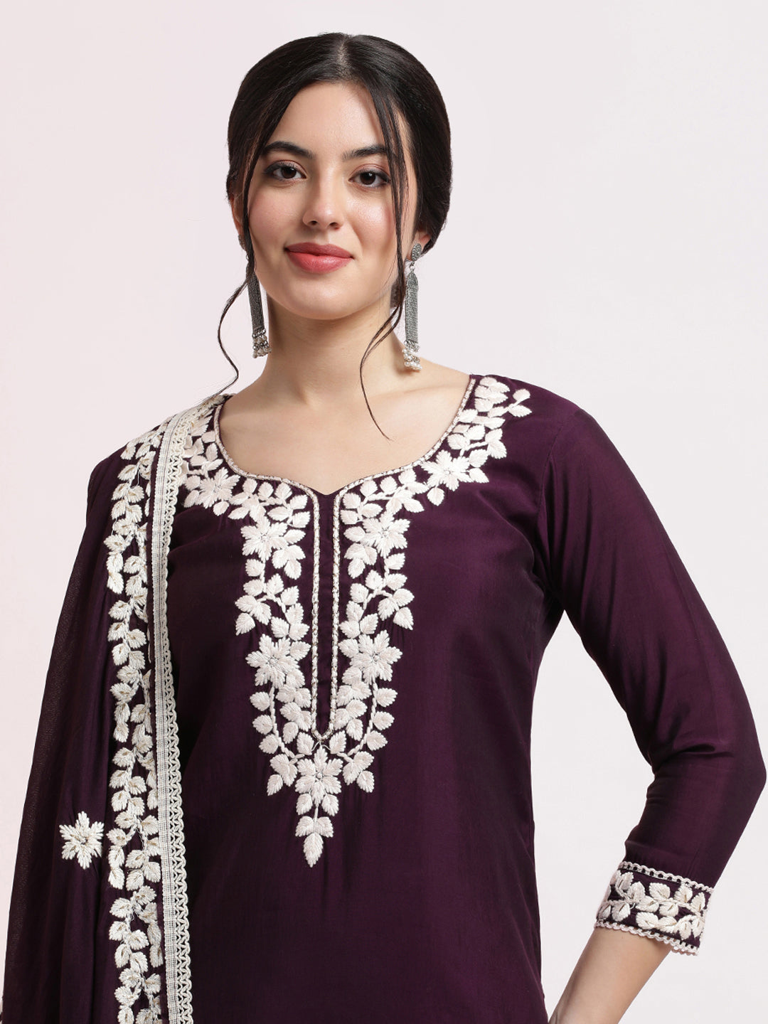 Purple Floral Embroidered Festive Kurta Set With Dupatta