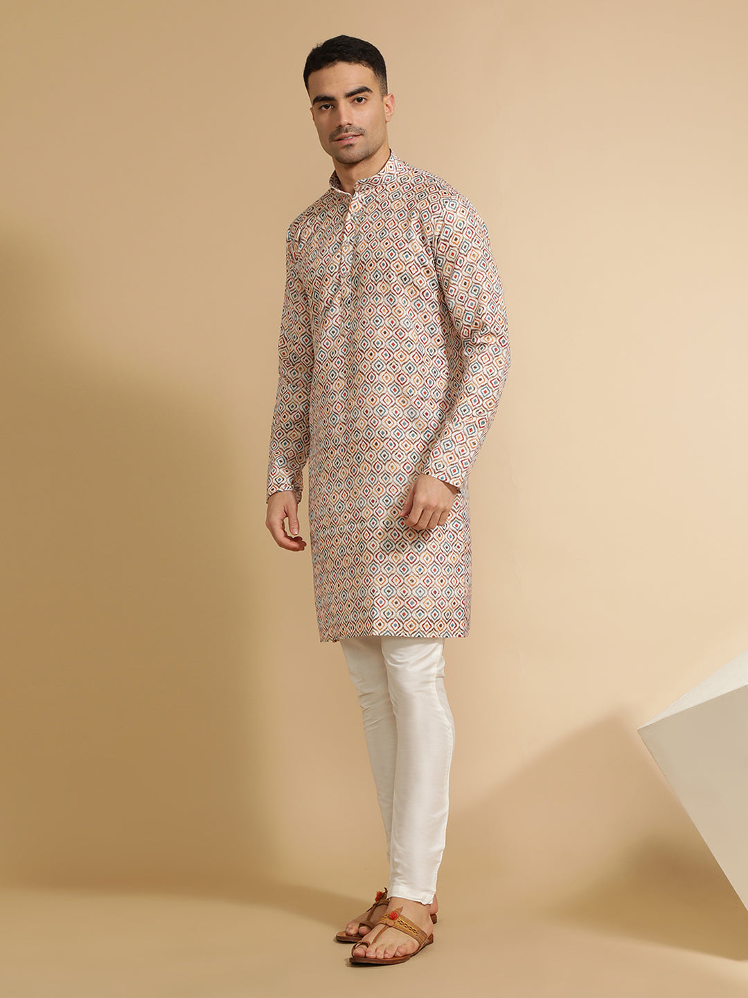 Geometric Printed Beige Cotton Kurta for Men