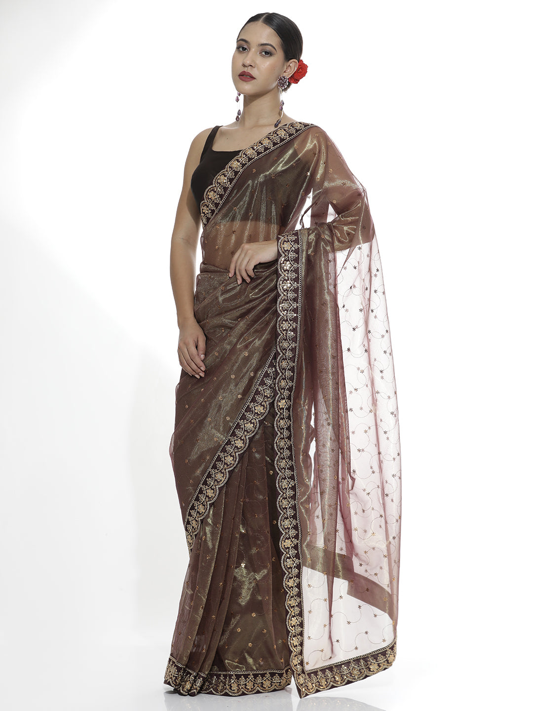 Brown Sequin Embroidered Net Party Wear Saree