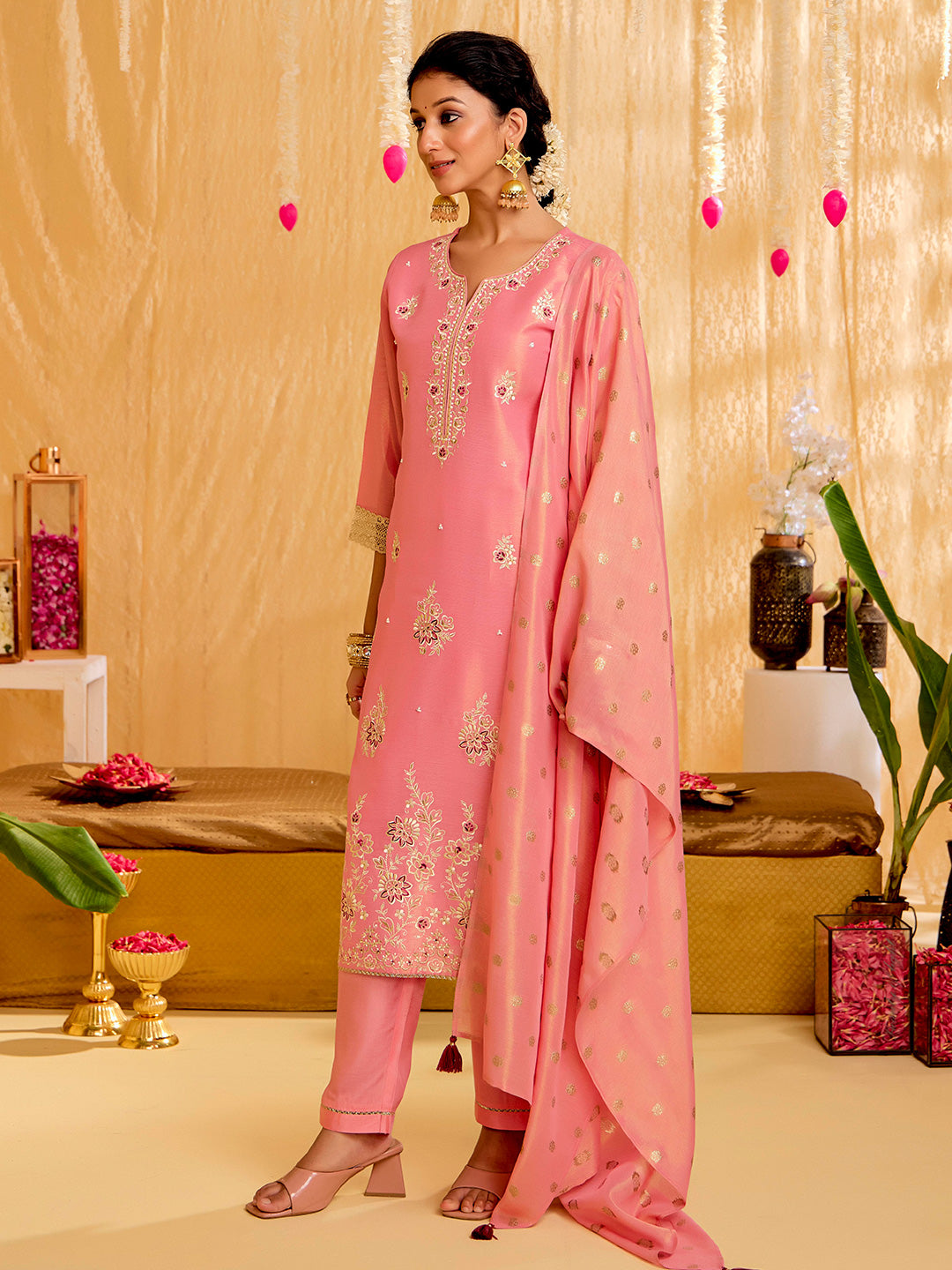 Pink Floral Zardozi Work Kurta Set With Dupatta