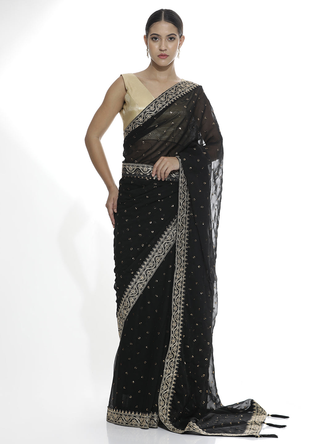 Pure Georgette Sequin Black Saree With Belt