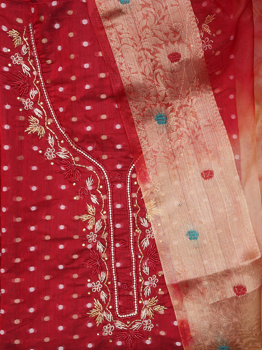 Red Unstitched Silk Blend Embellished Dress Material With Dupatta