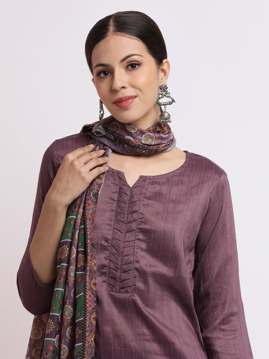 Chinon Embellished Kurta Set With Printed Dupatta