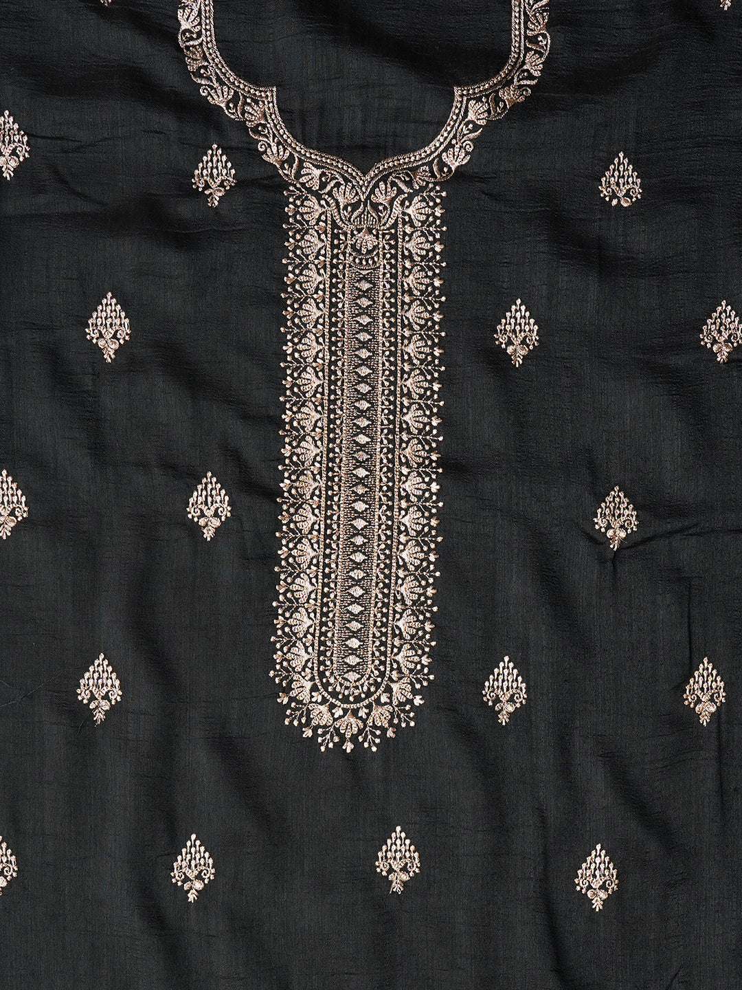 Grey Unstitched Embroidered Silk Blend Dress Material With Dupatta