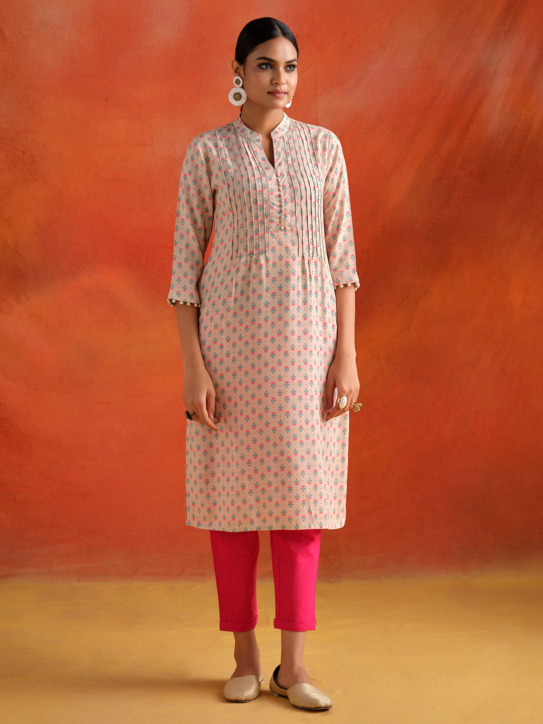 Beige Ethnic Motif Printed Straight Kurta