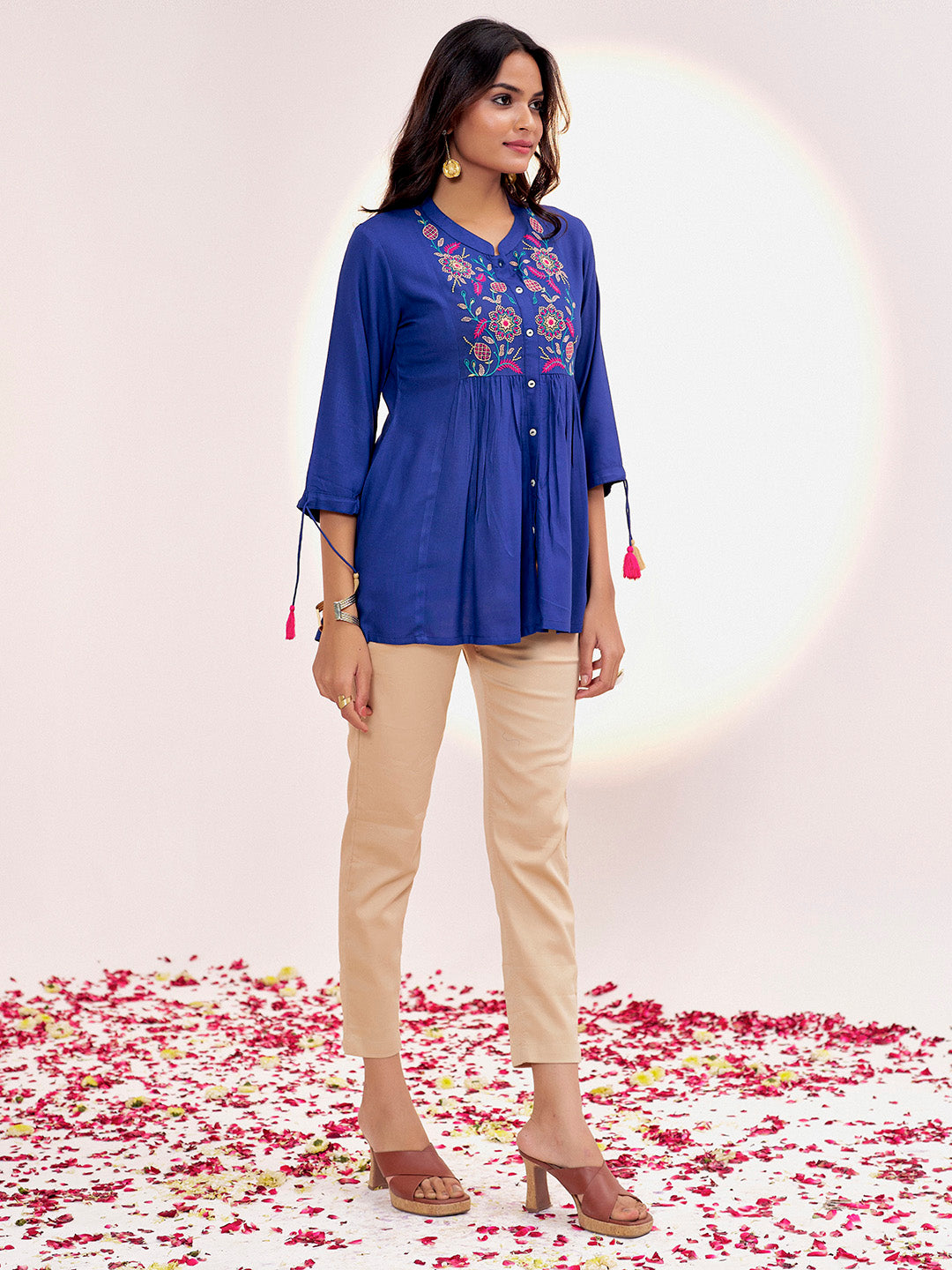 Blue Threadwork Embroidered Gathered Top