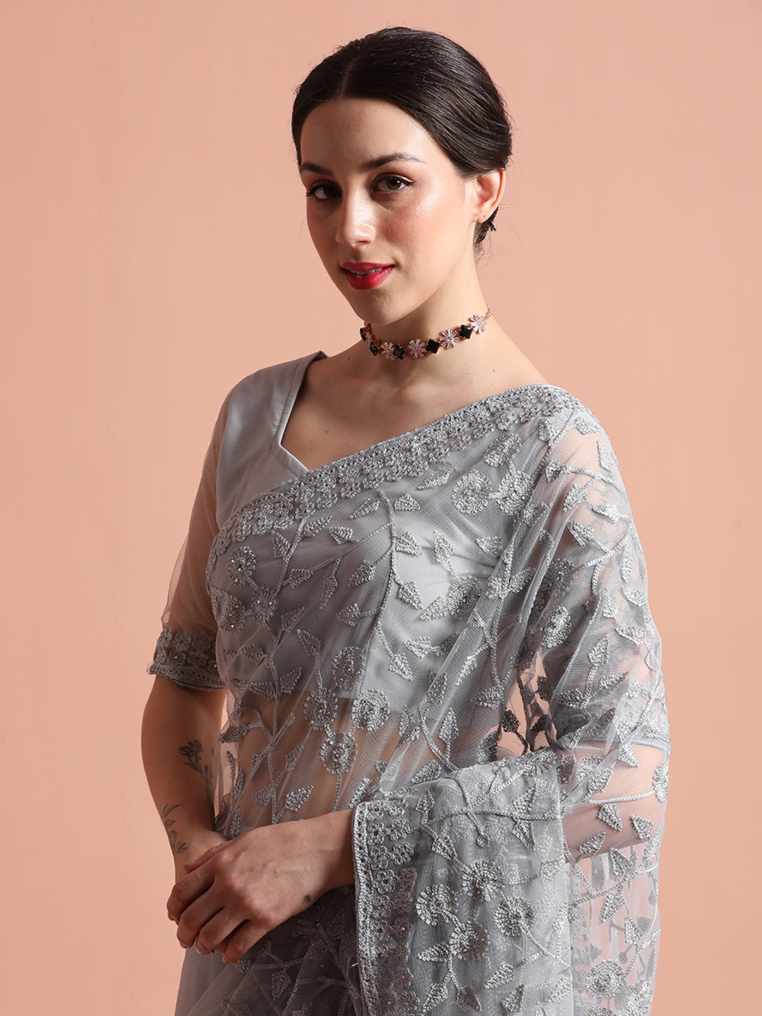 Grey Party Wear Floral Embroidered Net Saree