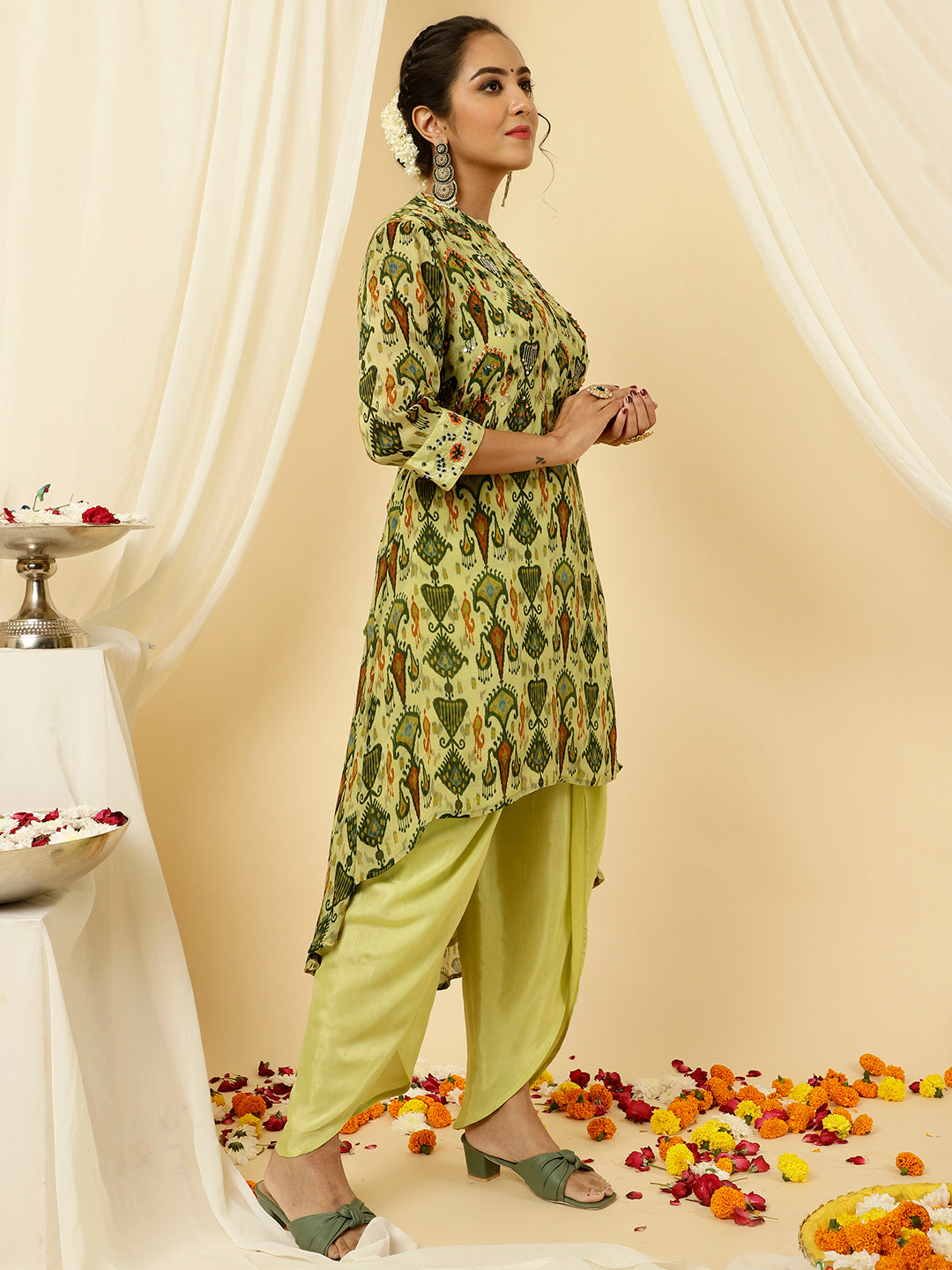 Ikat Printed Asymmetric Kurta With Dhoti Set