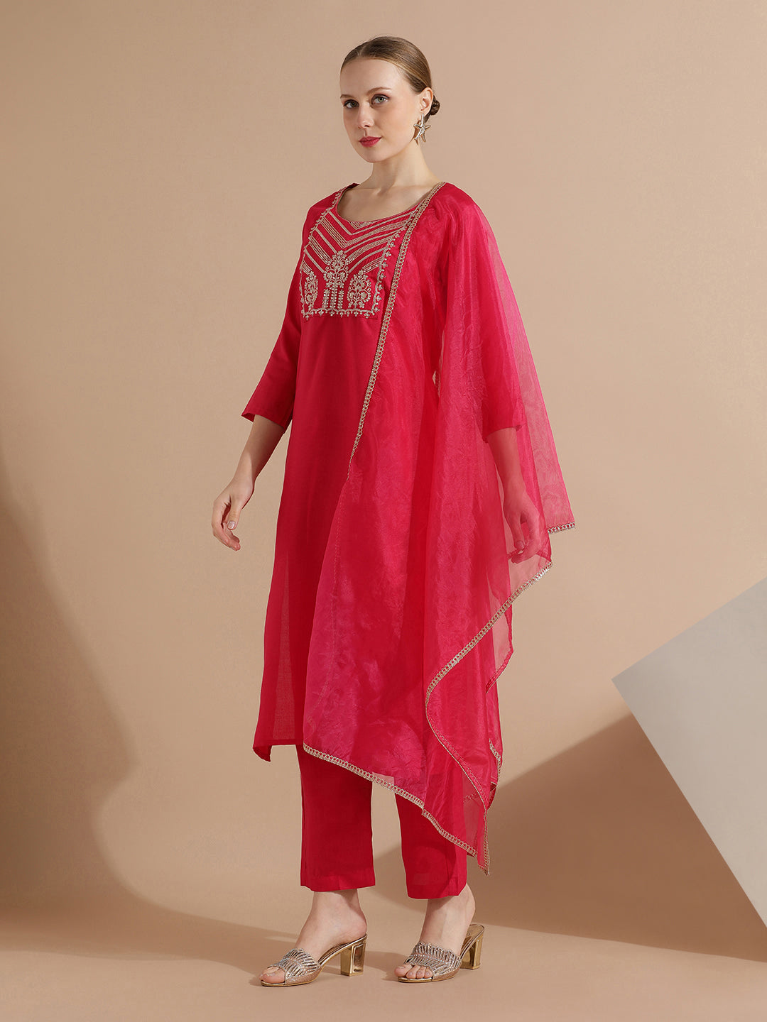 Zari Embroidered Cotton Blend Kurta Set With Dupatta