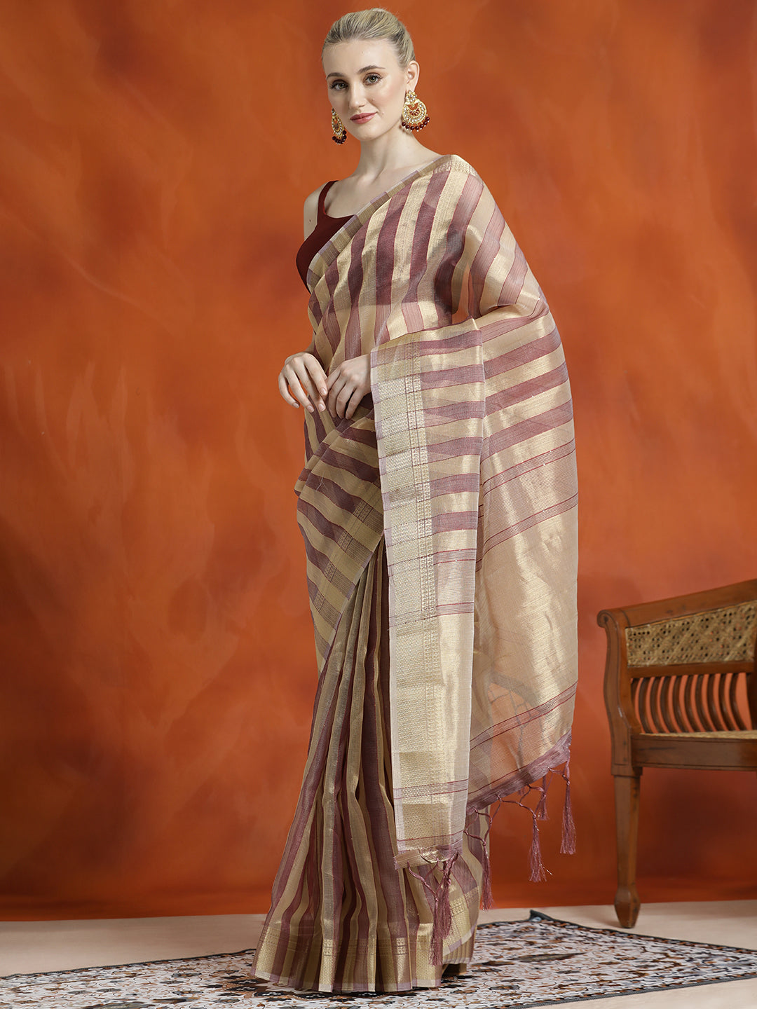 Striped Embellished Banarasi Organza Saree