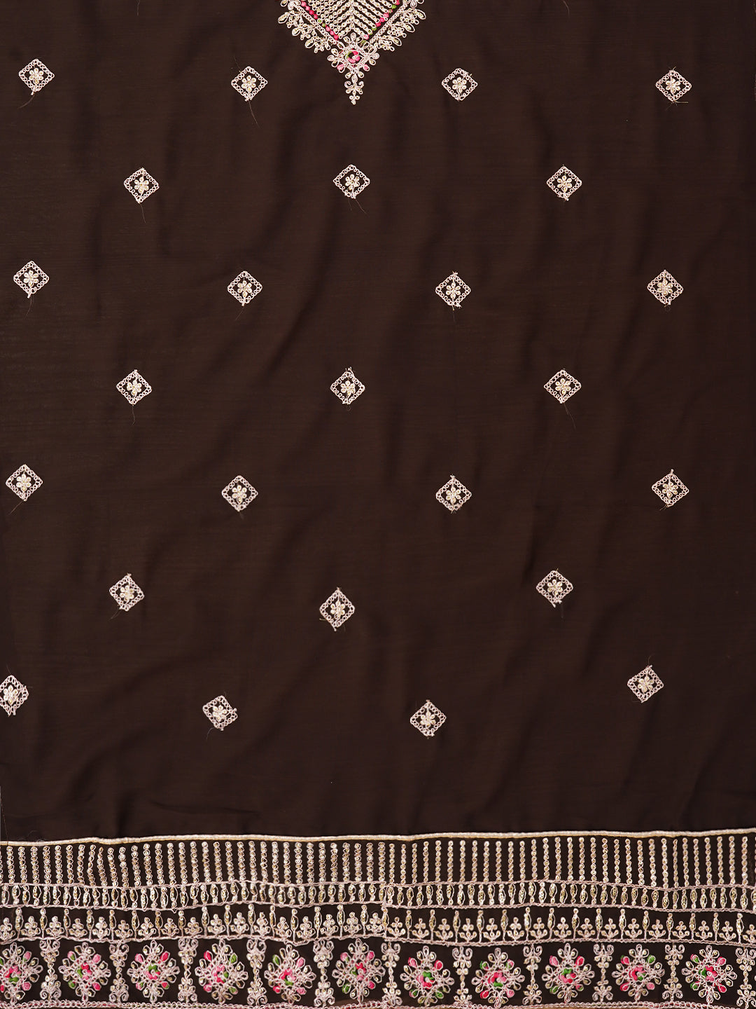 Brown Zari Silk Georgette Dress Material with Dupatta