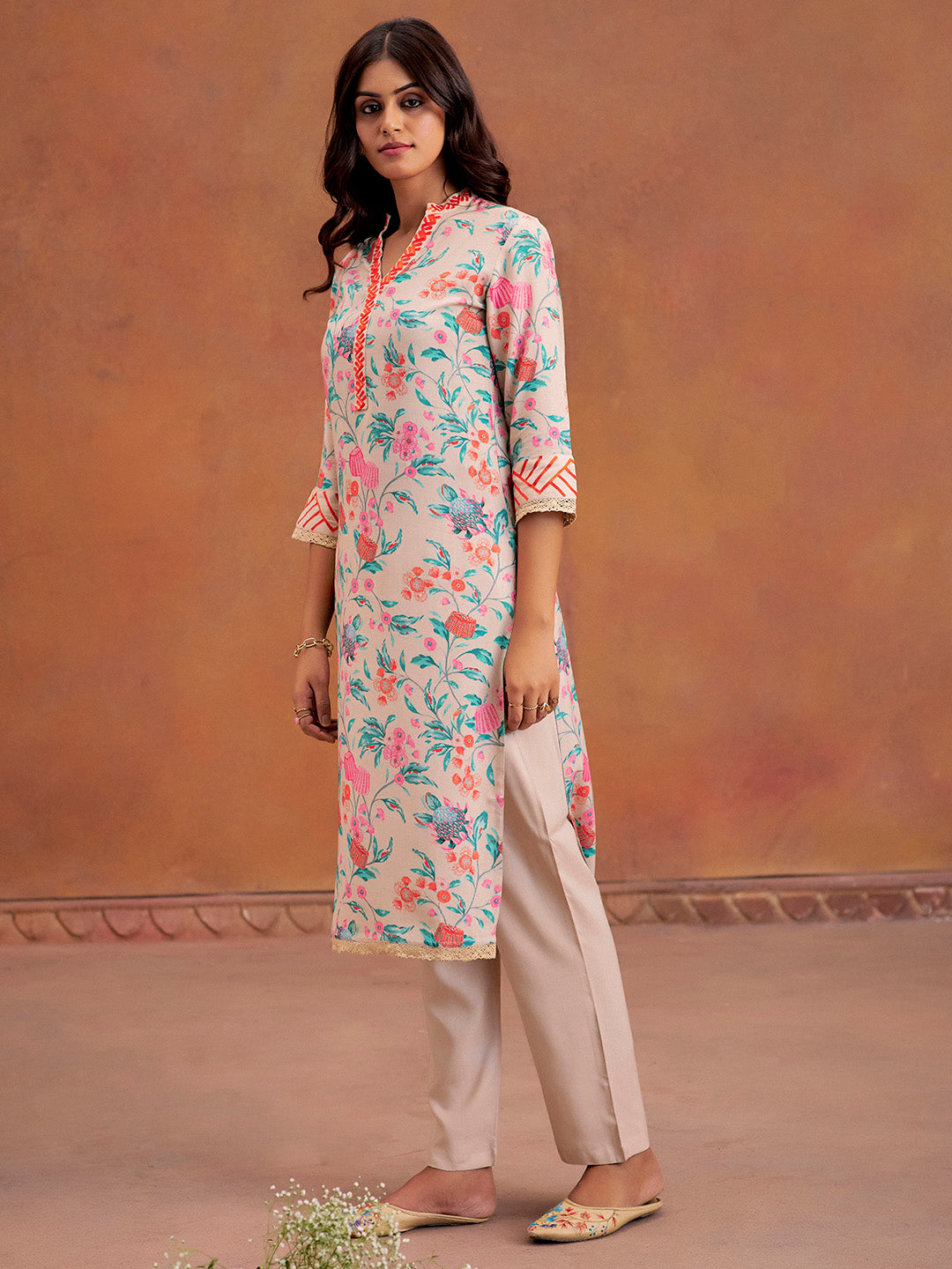 Beige Embroidered Tropical Printed Straight Kurta