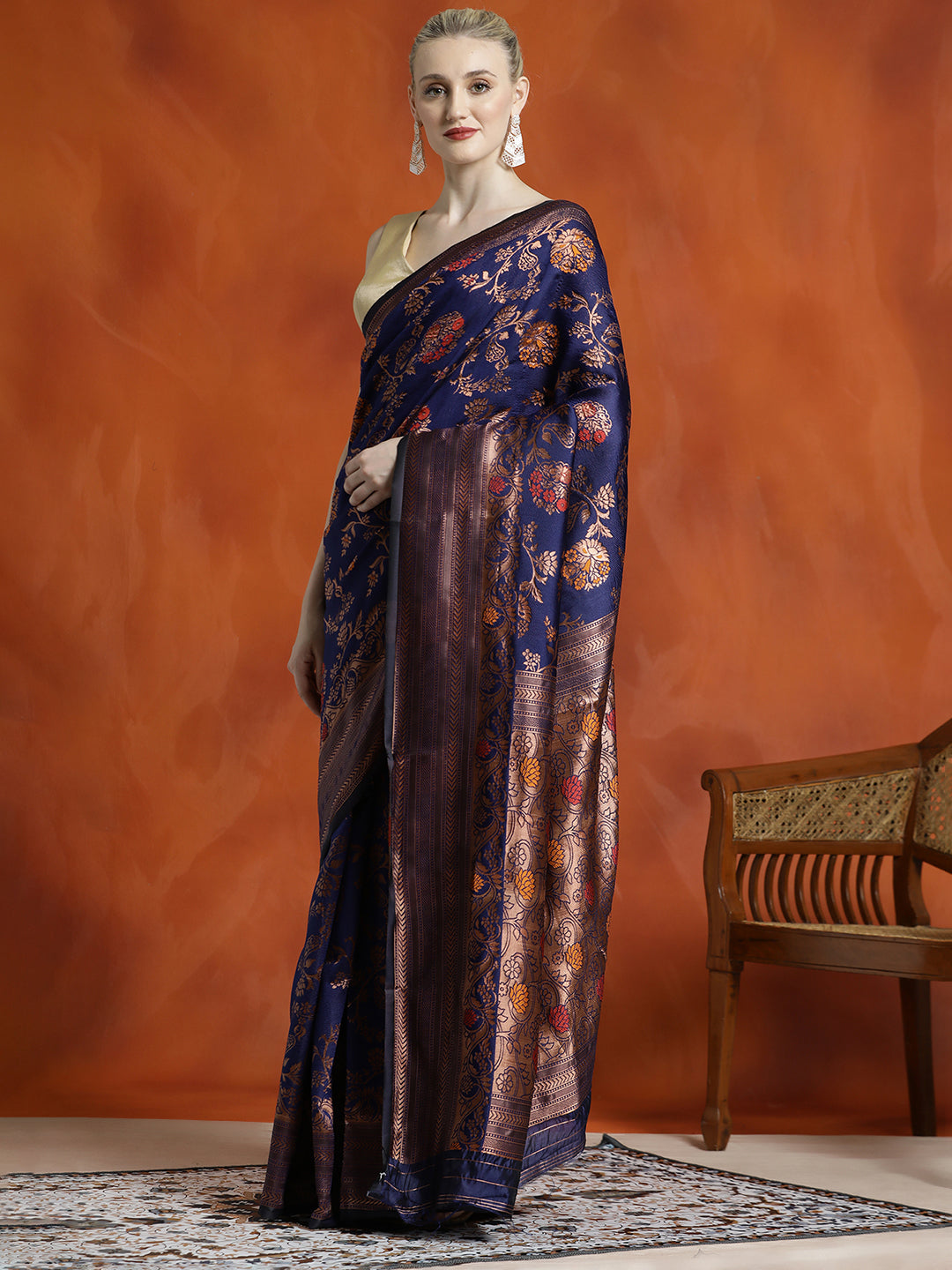 Navy Blue Silk Banarasi Zari Woven Party Wear Saree