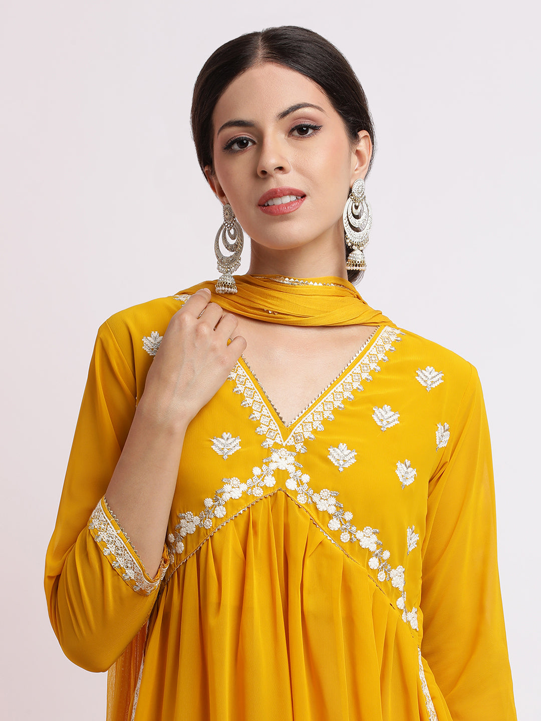 Mustard Embroidered Georgette Kurta Set With Dupatta