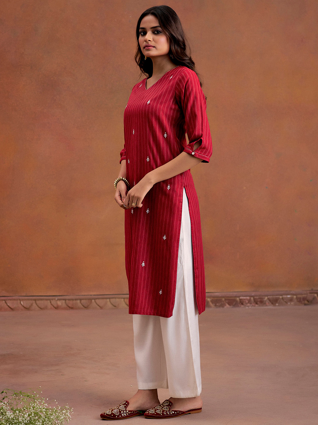 Maroon Self Woven Embroidered Straight Kurta