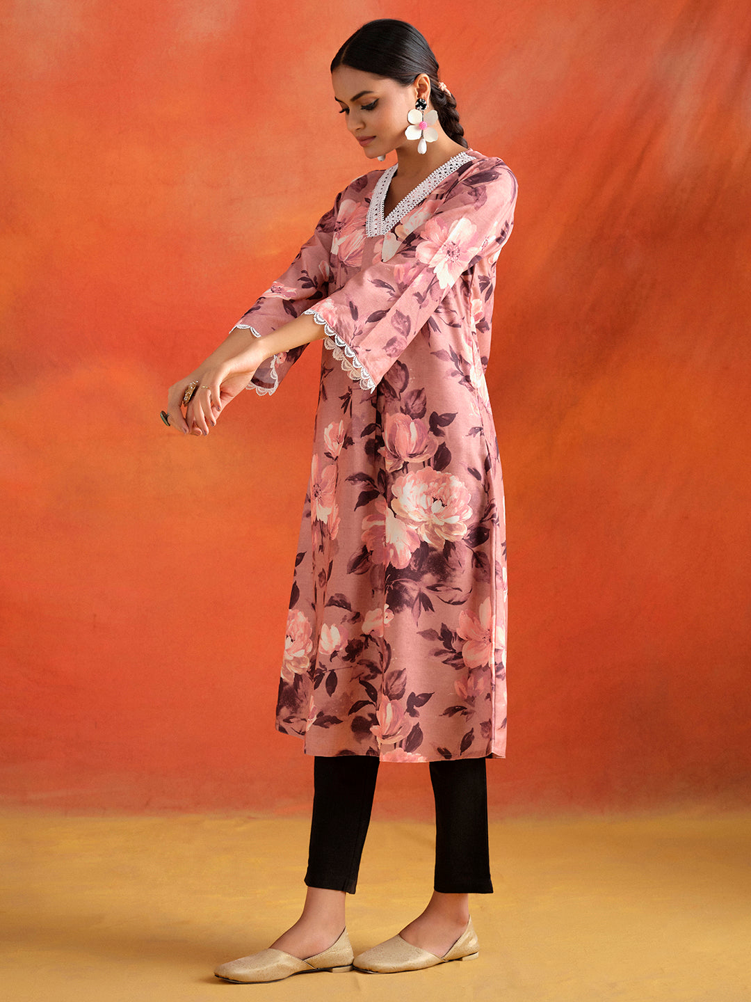 Peach Floral Printed A-line Kurta