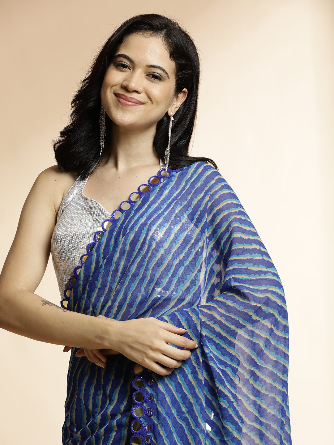 Blue Chiffon Leheriya Mirror Work Saree