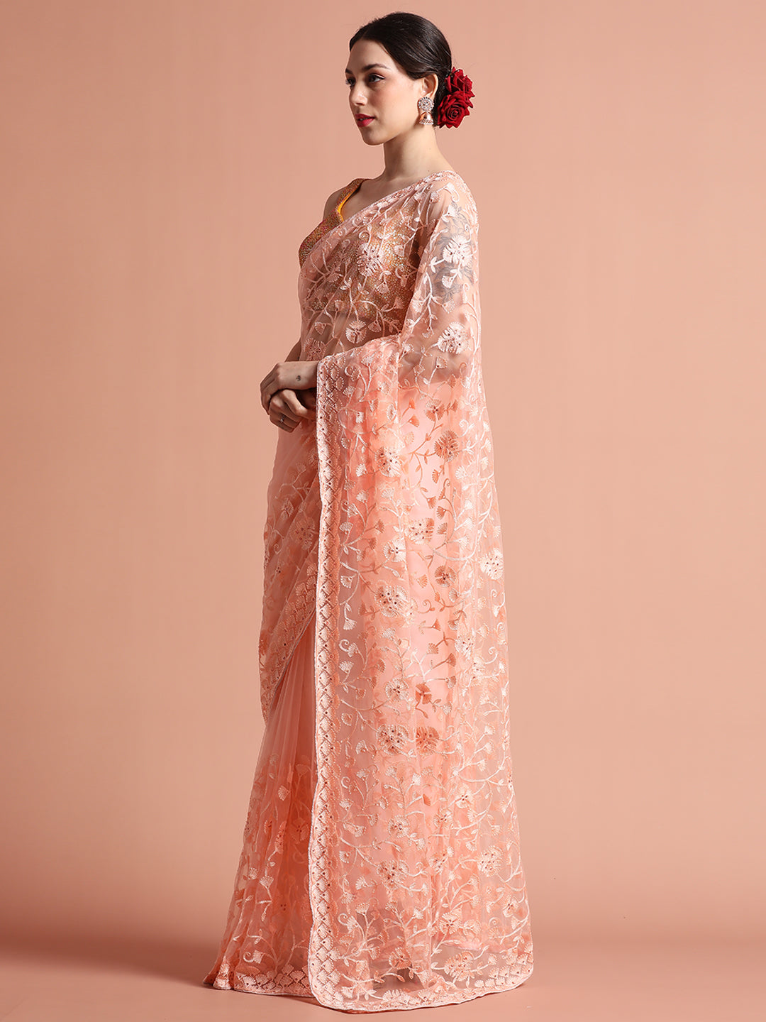 Peach Party Wear Floral Embroidered Net Saree