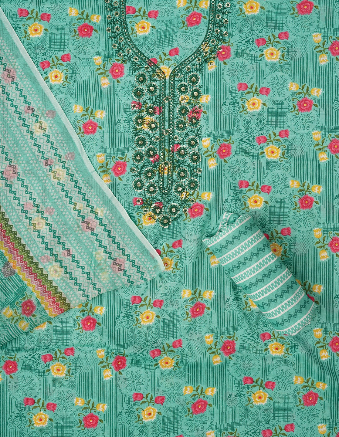 Green Unstitched Embroidered Cotton Dress Material With Dupatta