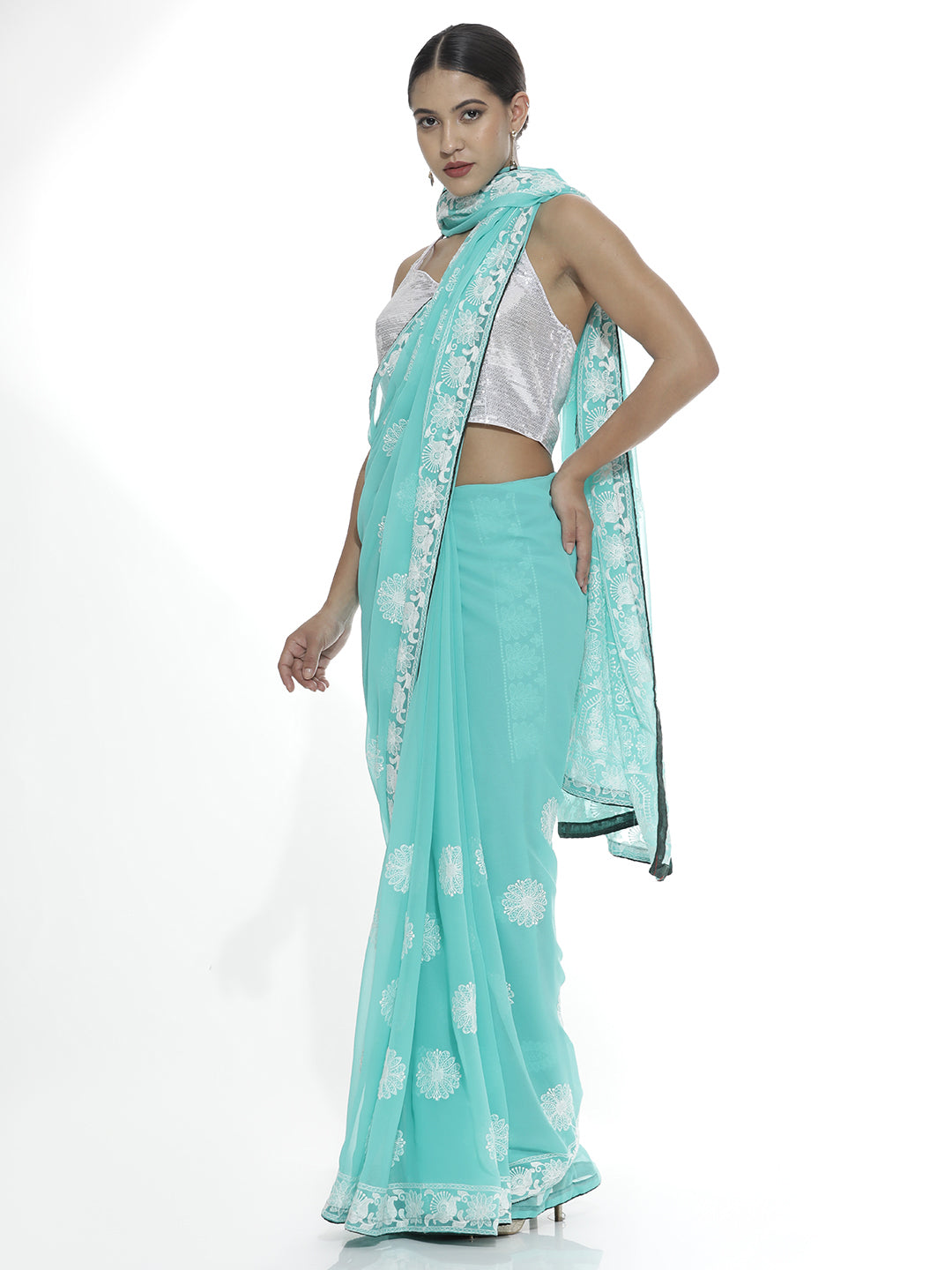 Traditional Sea Green Embroidered Pure Georgette Saree