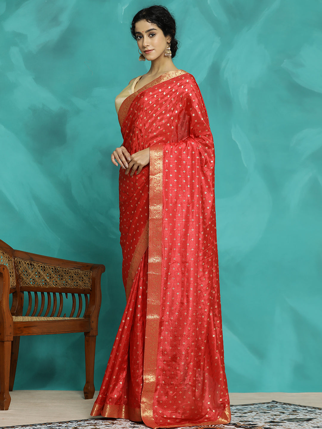 Red Silk Blend Floral Zari Woven Heavy Saree