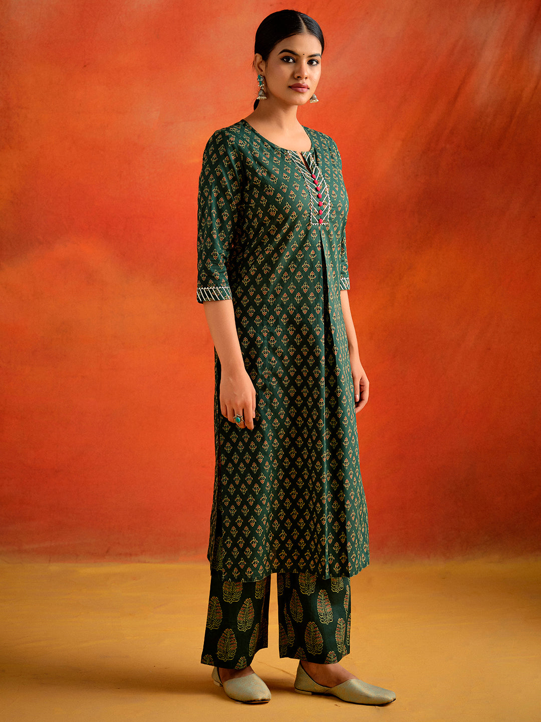 Dark Green Ethnic Motif Printed Straight Kurta With Palazzo