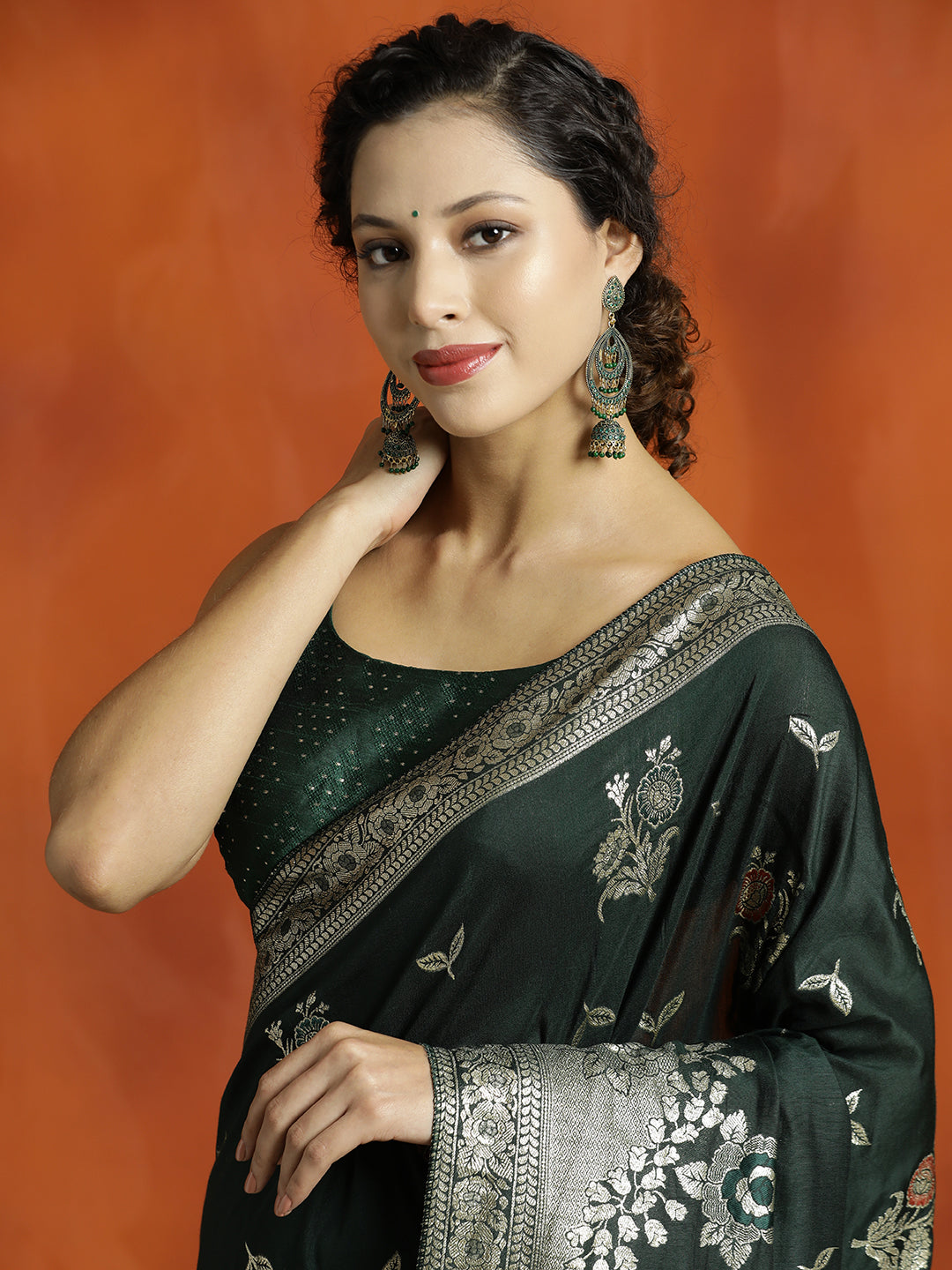 Green Silk Banarasi Floral Zari Woven Design Saree