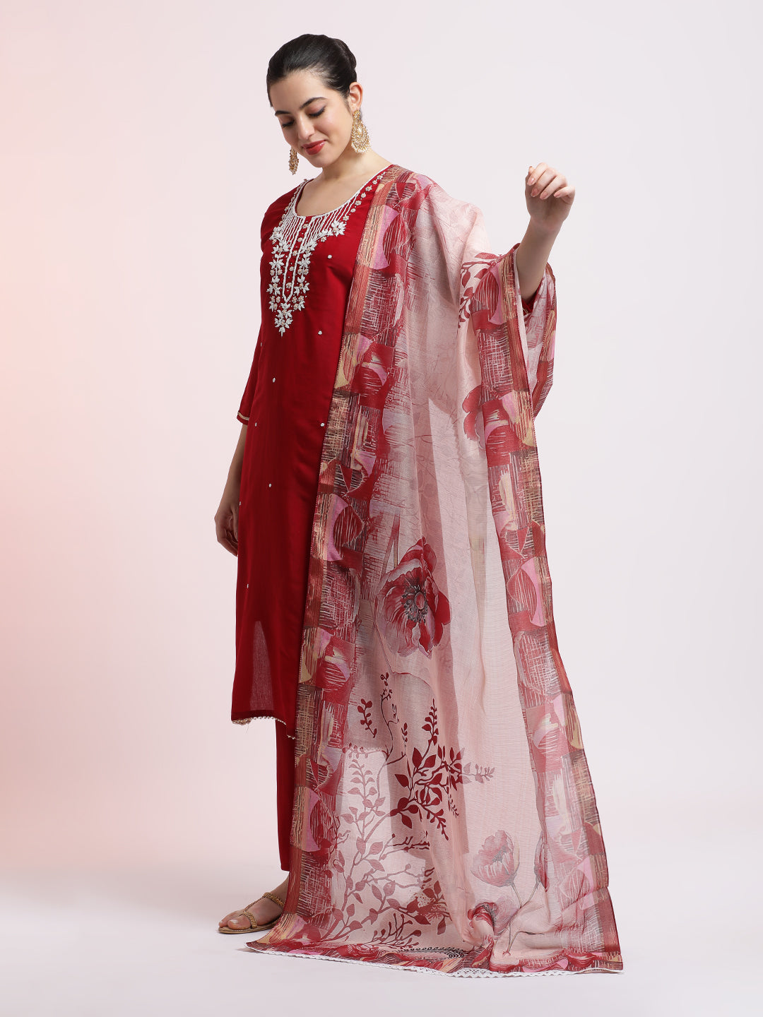 Red Embroidered Cotton Festive Kurta Set With Dupatta