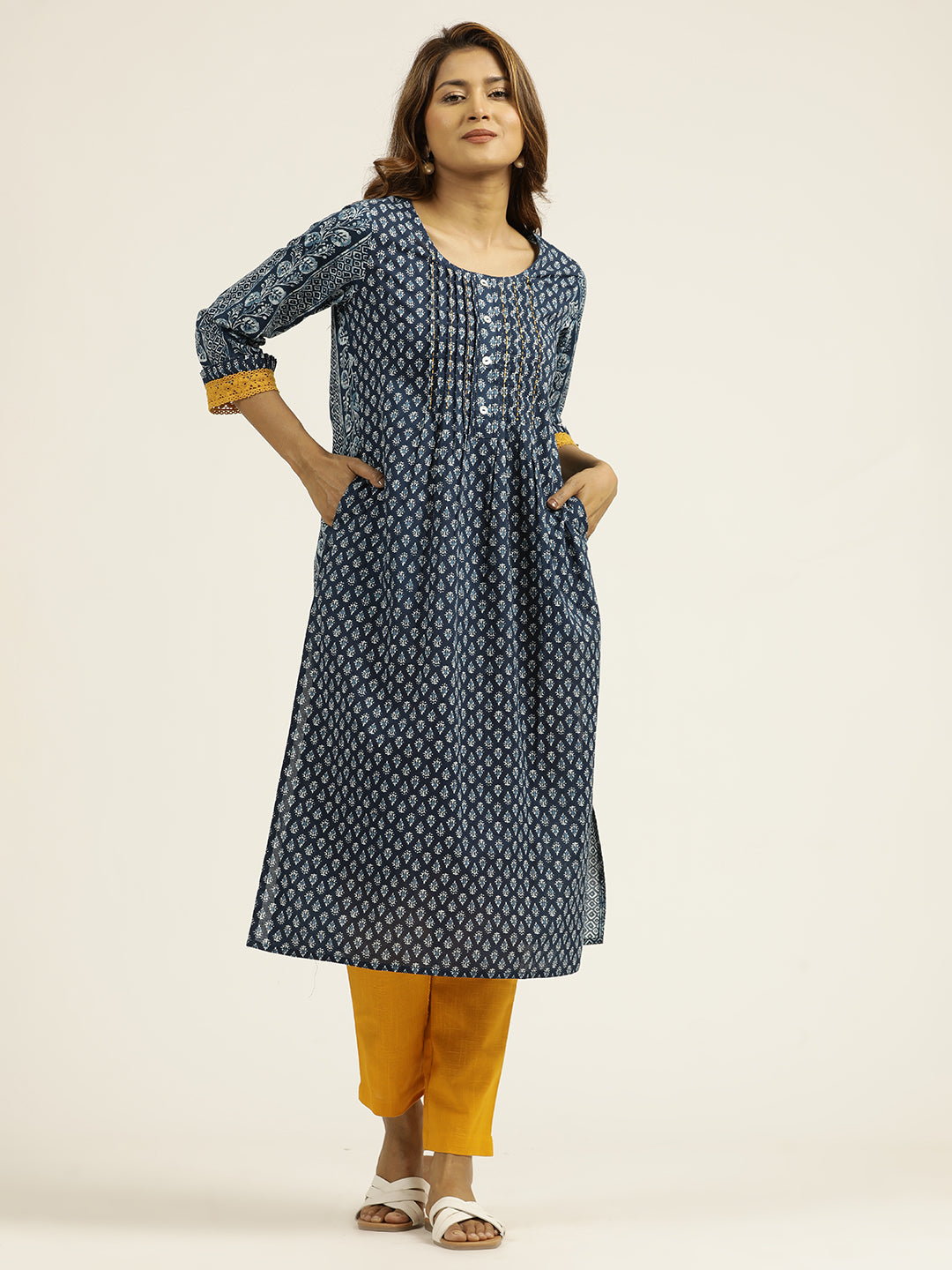 Indigo Blue Cotton Ethnic Motif Straight Kurta