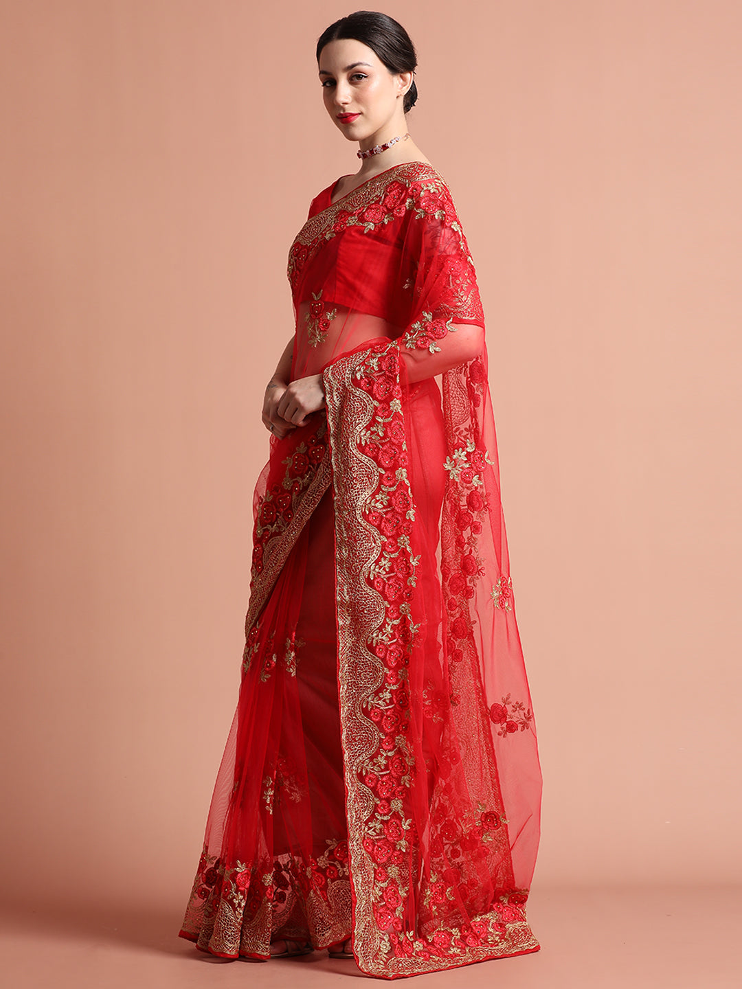 Floral Embroidered Net Party Wear Red Saree