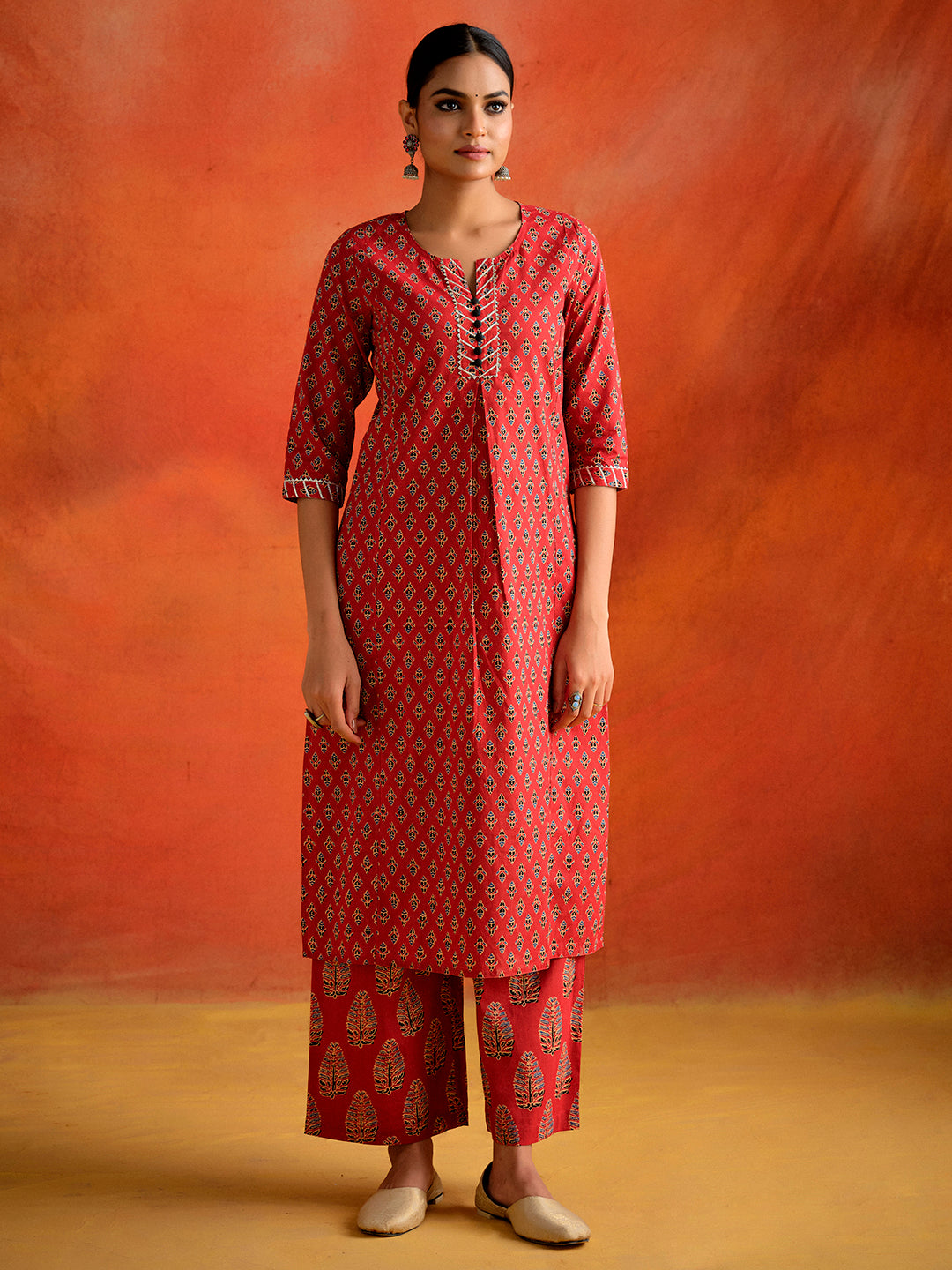 Rust Red Ethnic Motif Printed Straight Kurta With Palazzo