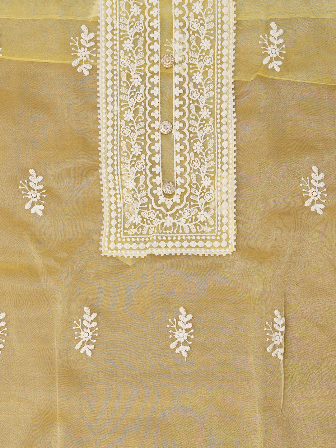 Unstitched Yellow Embroidered Organza Dress Material With Dupatta