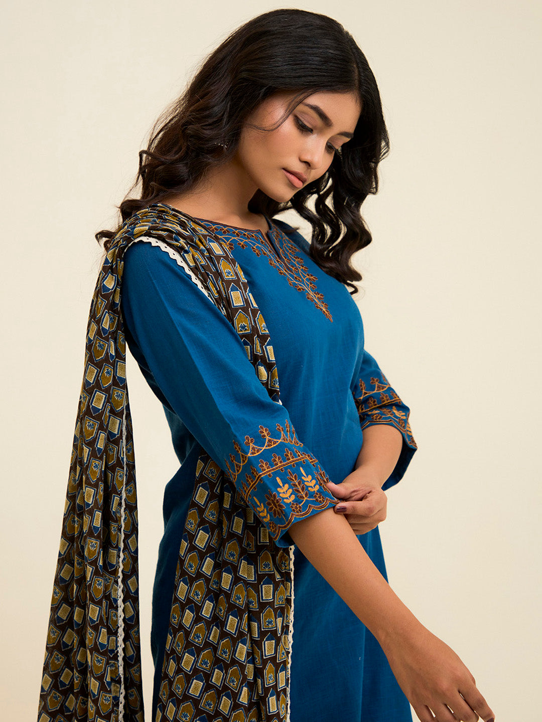 Teal Embroidered Cotton Kurta Set With Dupatta