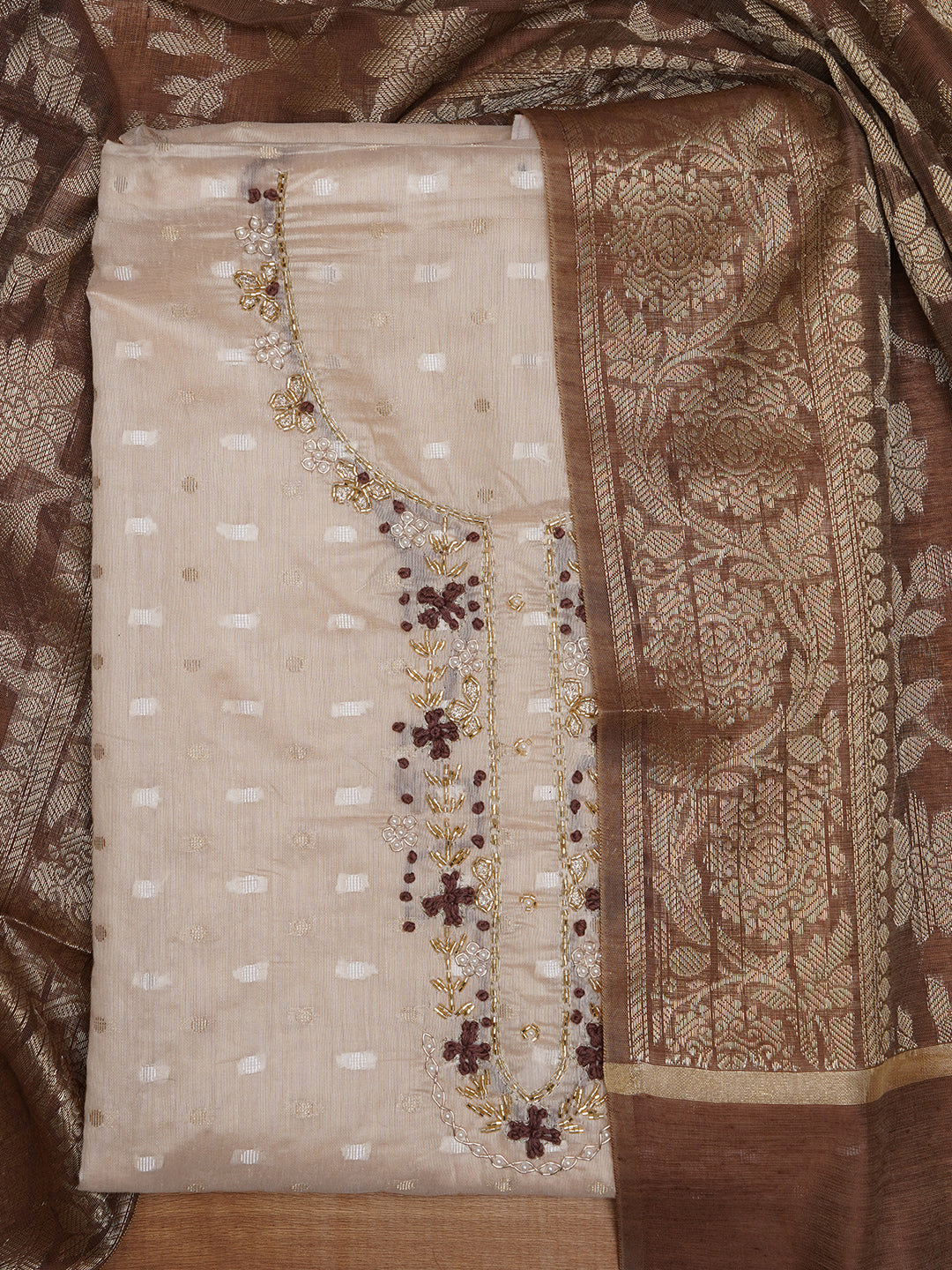 Beige Unstitched Silk Blend Embellished Dress Material With Dupatta