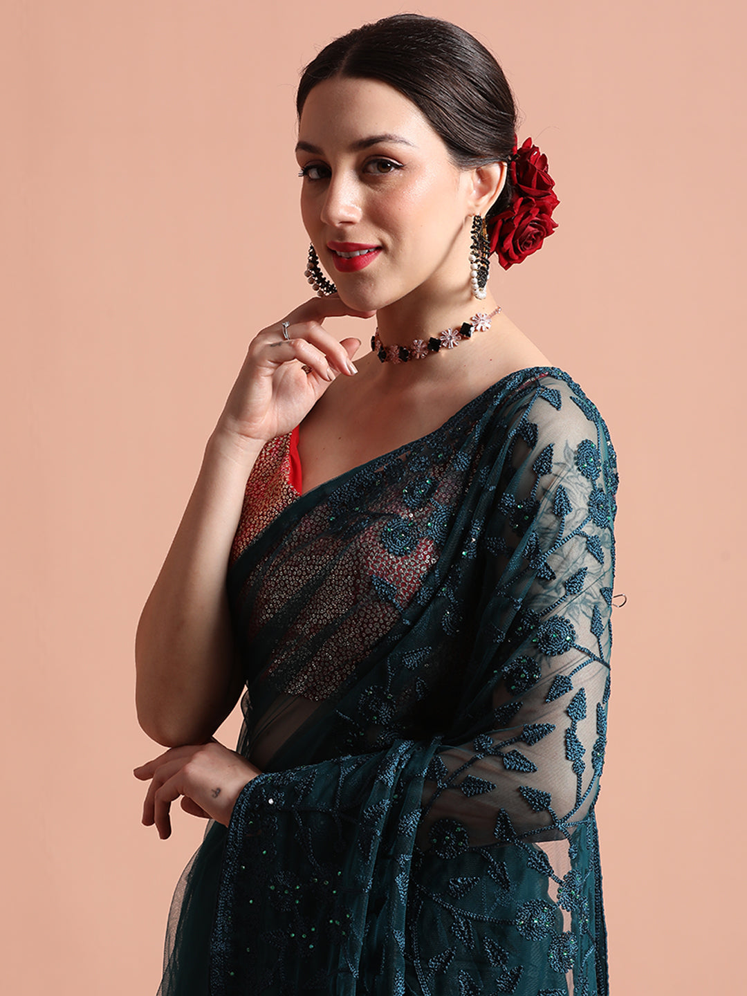 Teal Party Wear Floral Embroidered Net Saree