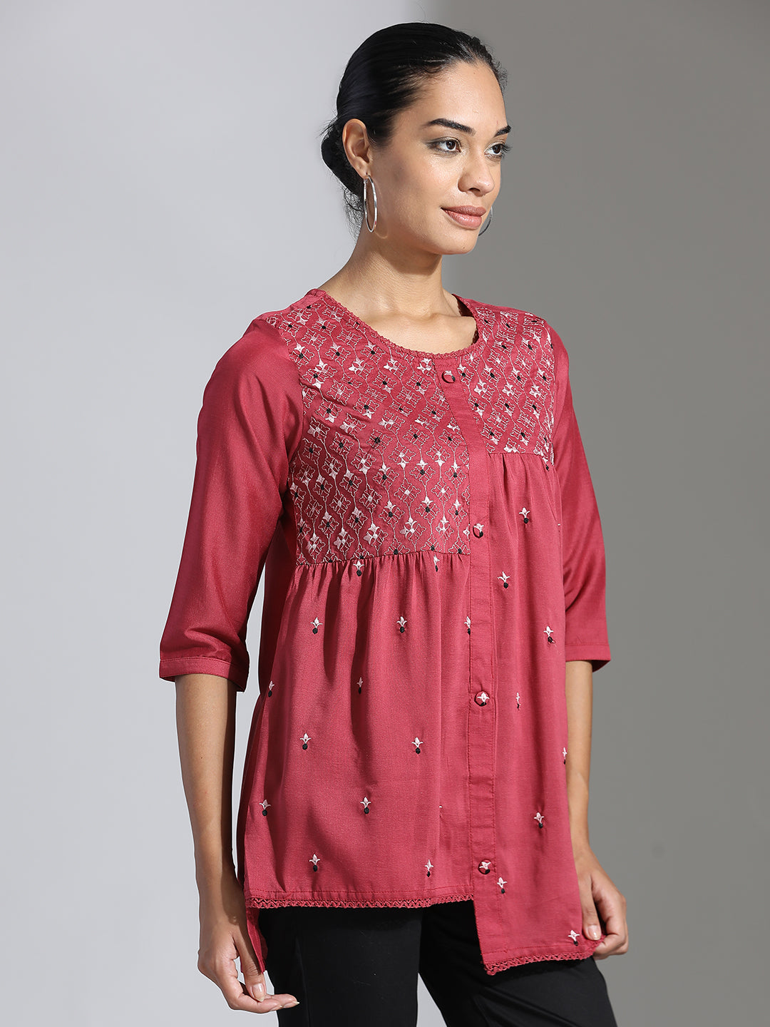 Pink Embroidered Party Wear Asymmetrical Top