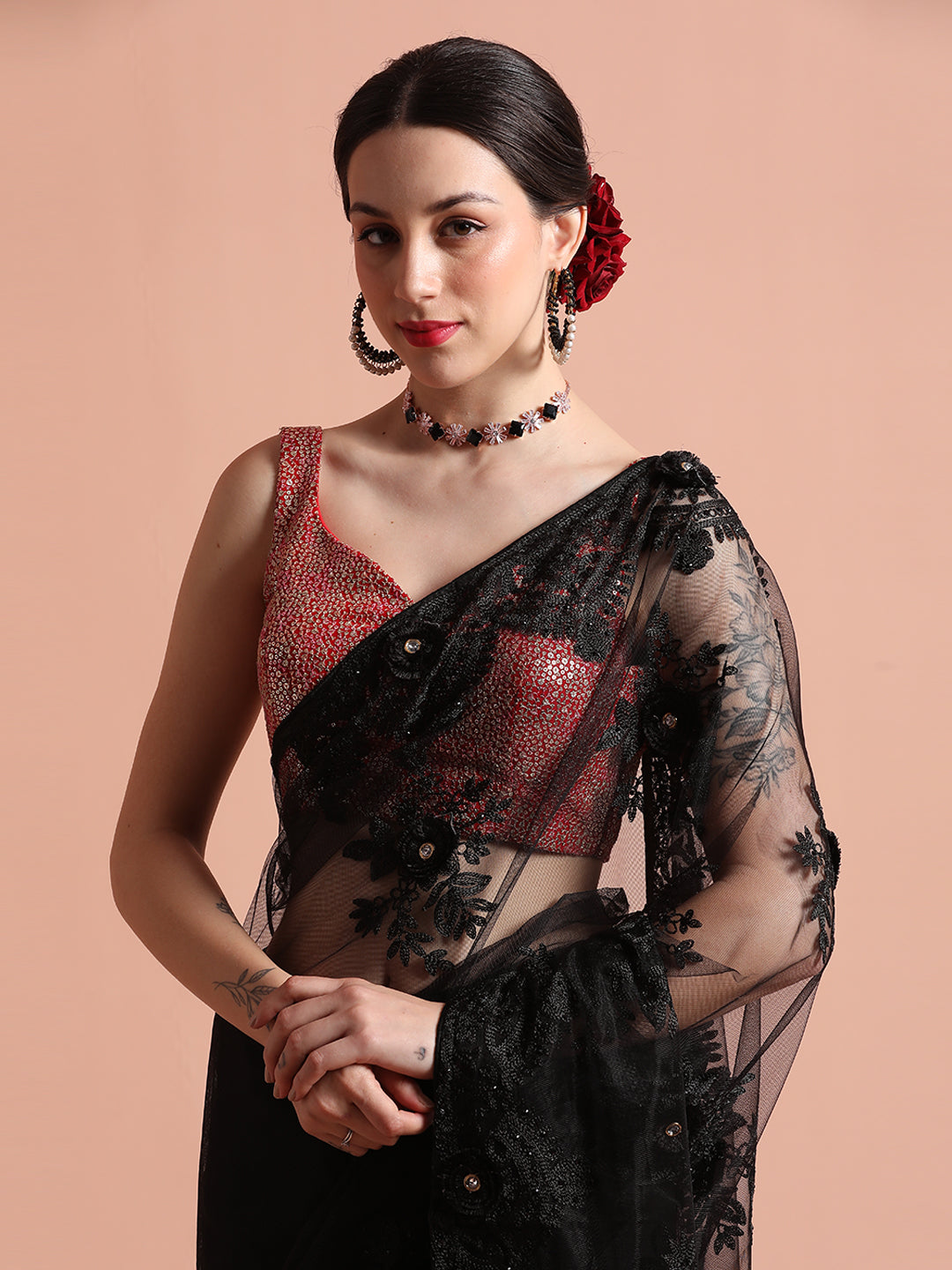 Embroidered Net Party Wear Black Saree