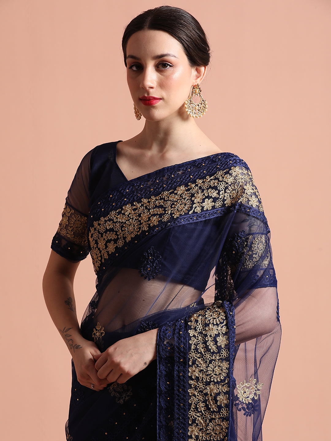 Navy Blue Floral Embroidered Net Party Wear Saree