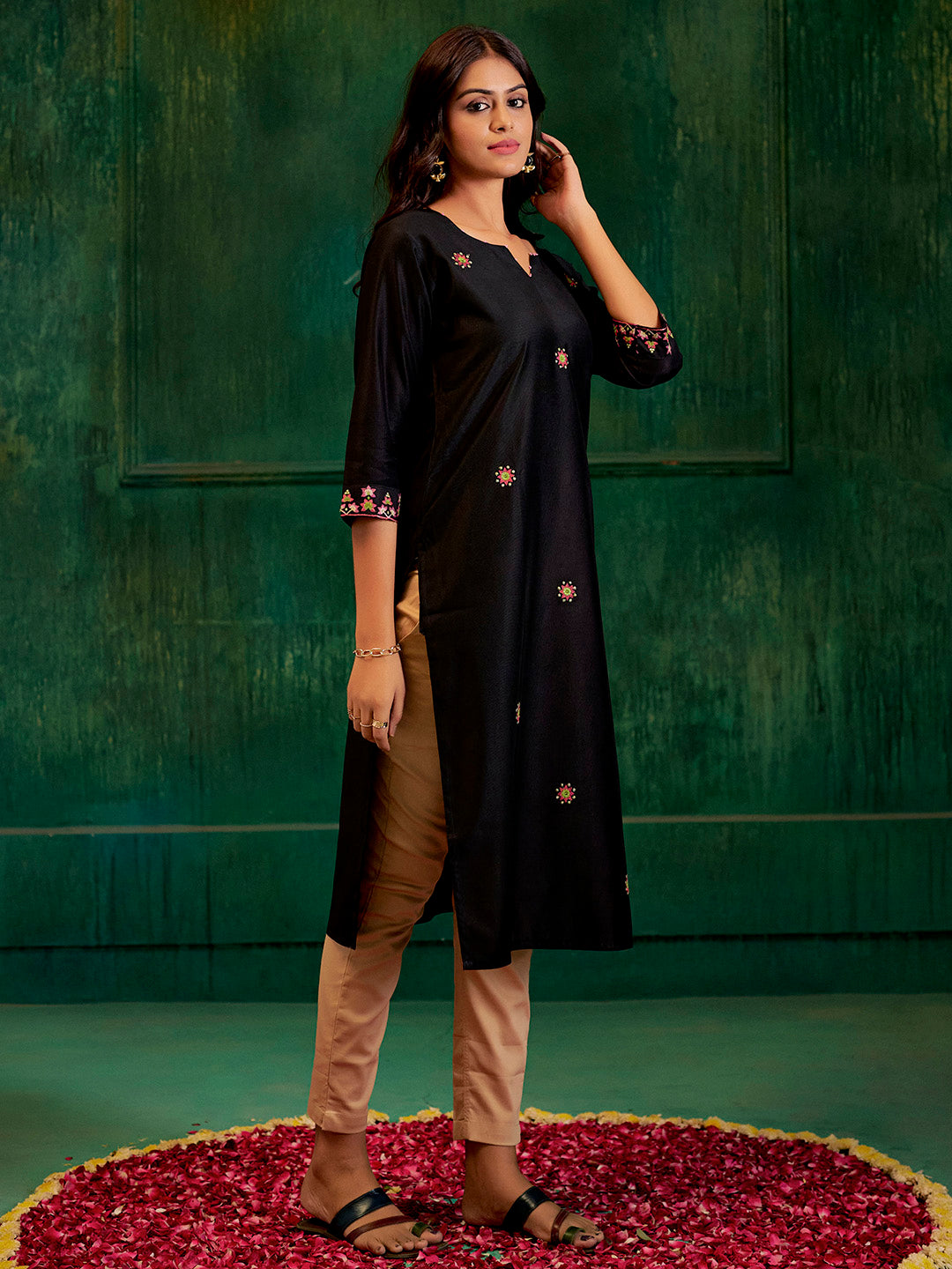 Black Self Woven Embroidered Straight Kurta