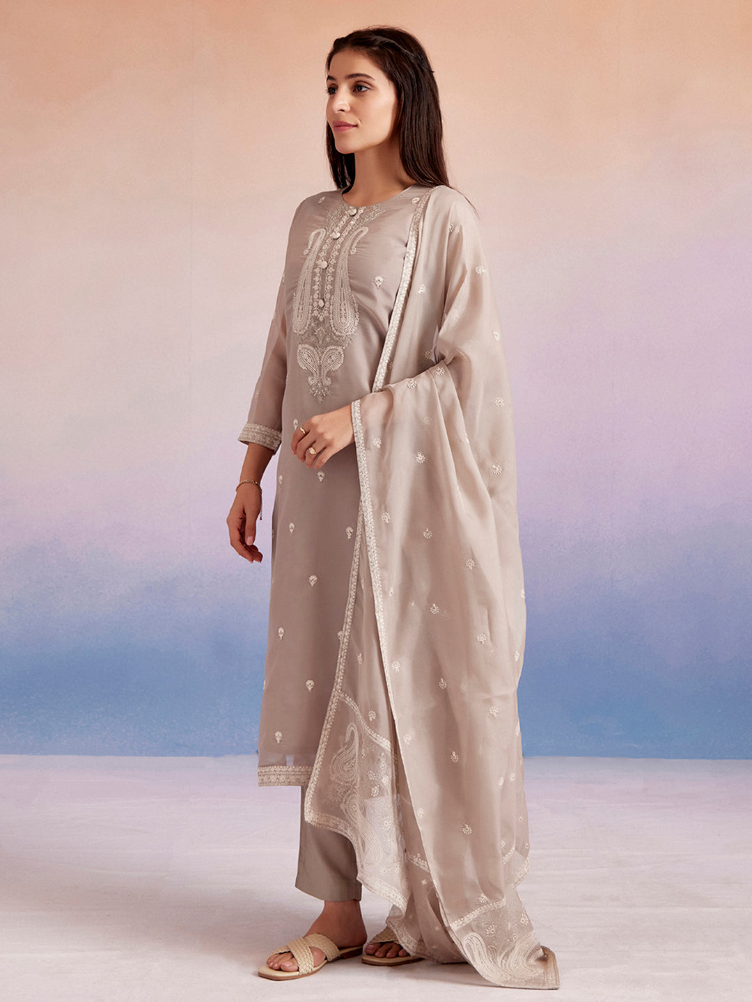 Grey Dori Embroidered Festive Kurta Set With Dupatta